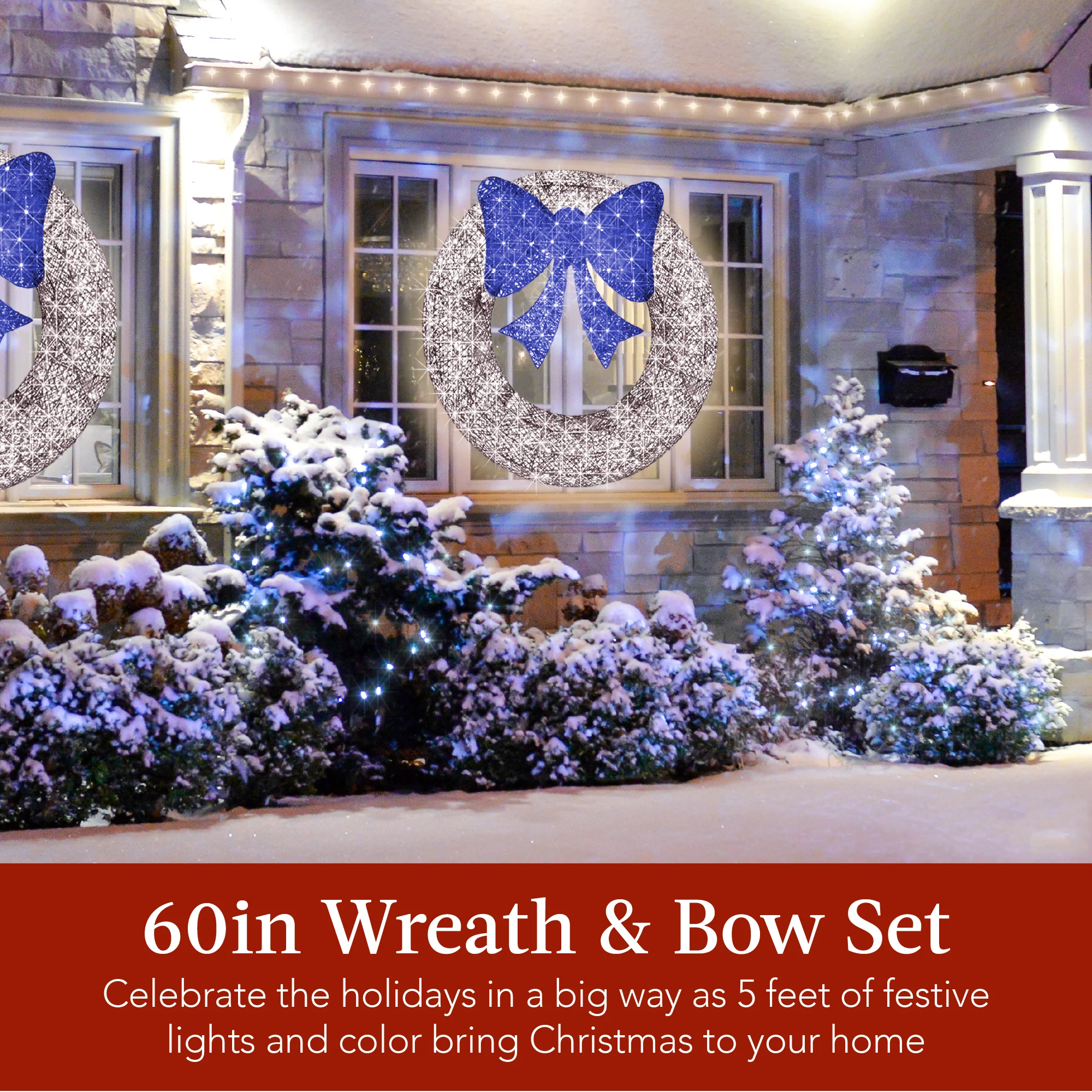 Pre-Lit Outdoor Christmas Wreath, LED Metal Holiday Decor w/ Bow - 60in - Image 30