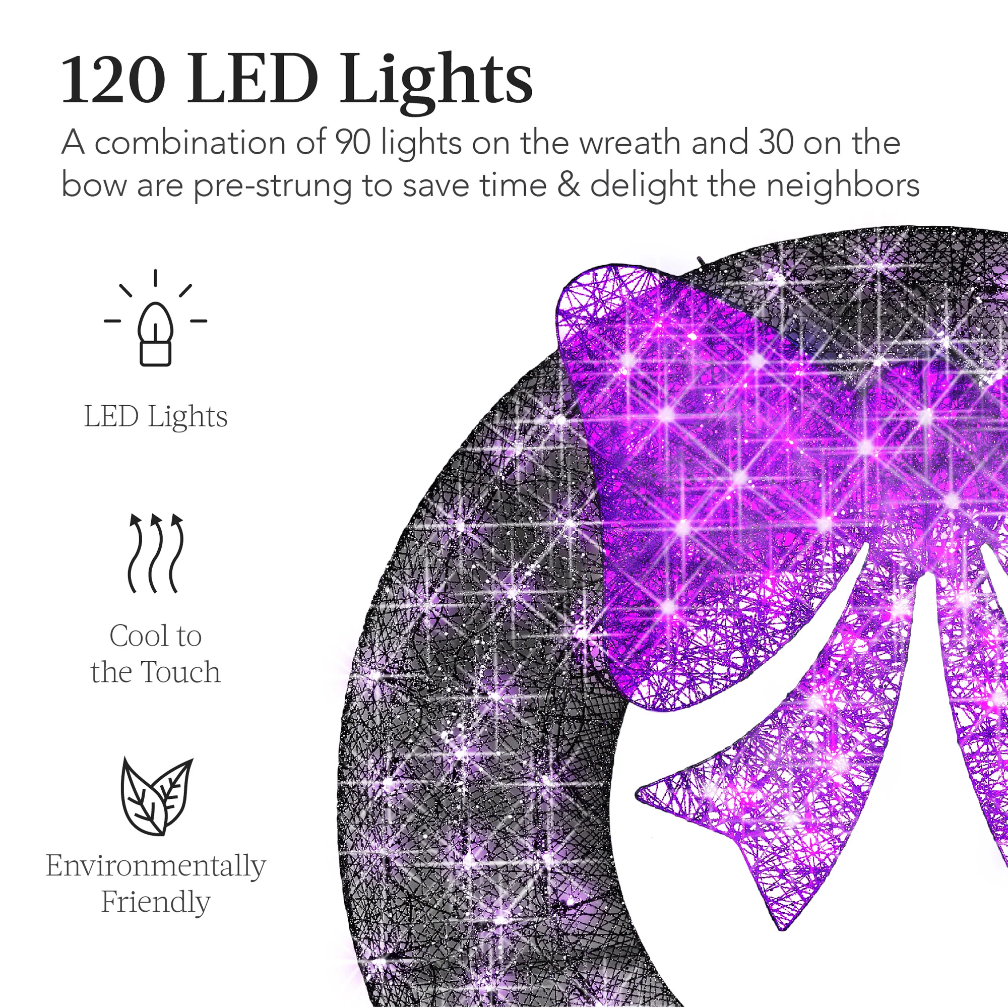 Pre-Lit Outdoor Halloween Wreath, LED Metal Holiday Decor w/ Bow - 36in - Image 3