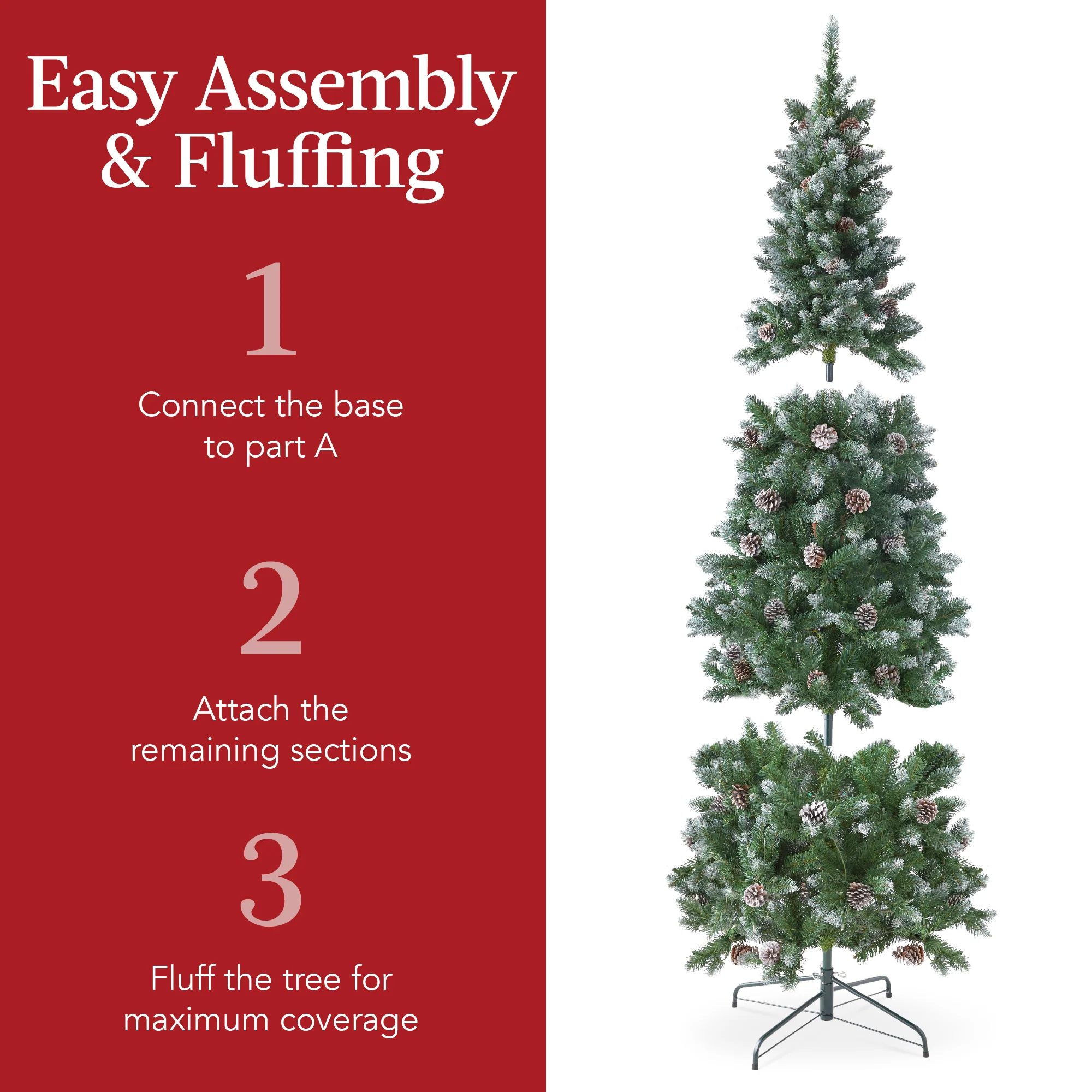 Pre-Lit Partially Flocked Pencil Christmas Tree w/ Pine Cones, Metal Stand - Image 20