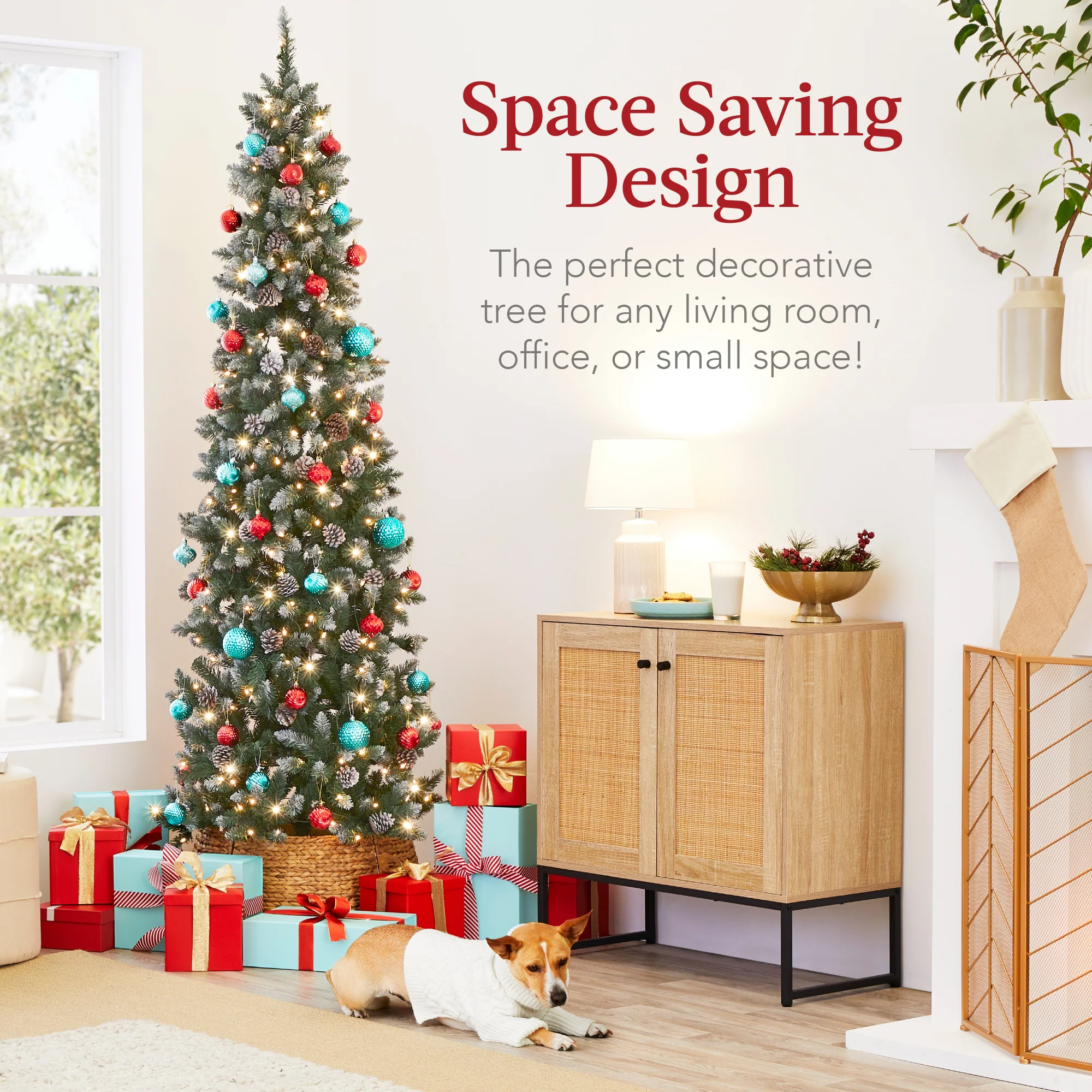 Pre-Lit Partially Flocked Pencil Christmas Tree w/ Pine Cones, Metal Stand - Image 3