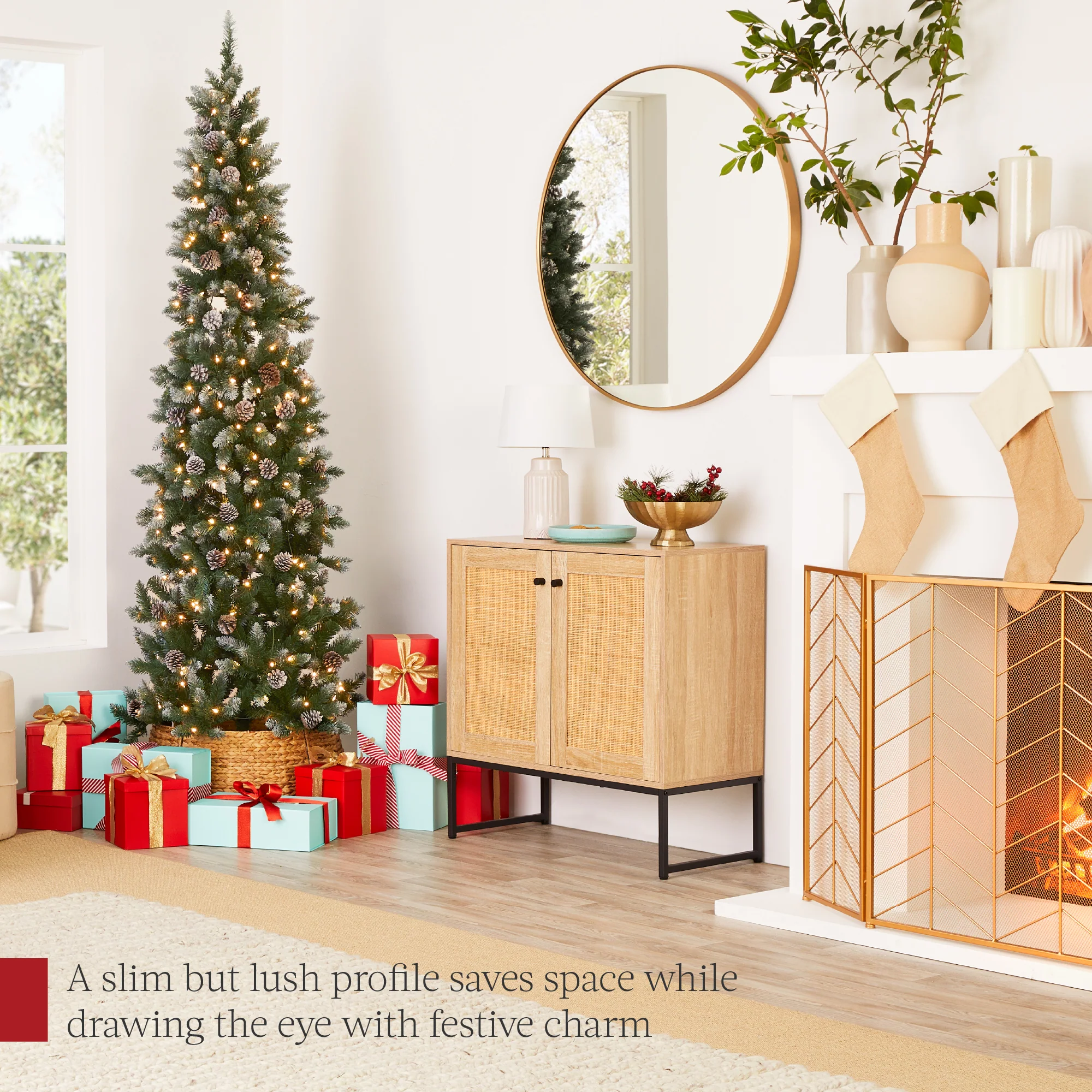 Pre-Lit Partially Flocked Pencil Christmas Tree w/ Pine Cones, Metal Stand - Image 32