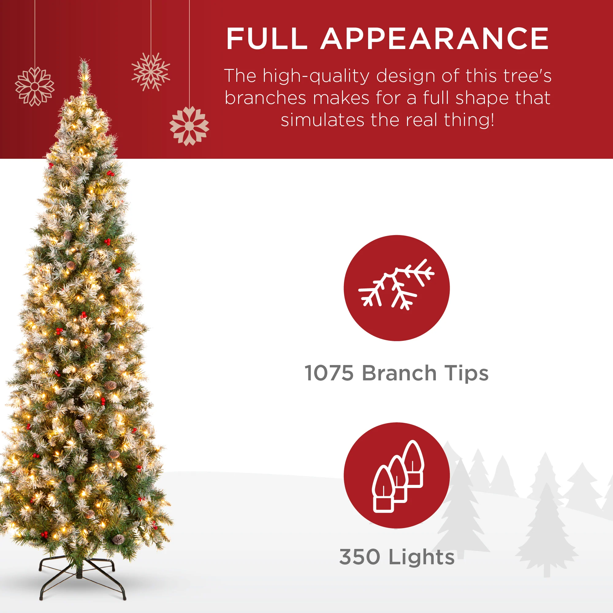 Pre-Lit Partially Flocked Spruce Pencil Tree w/ Berries, Pine Cones - Image 26