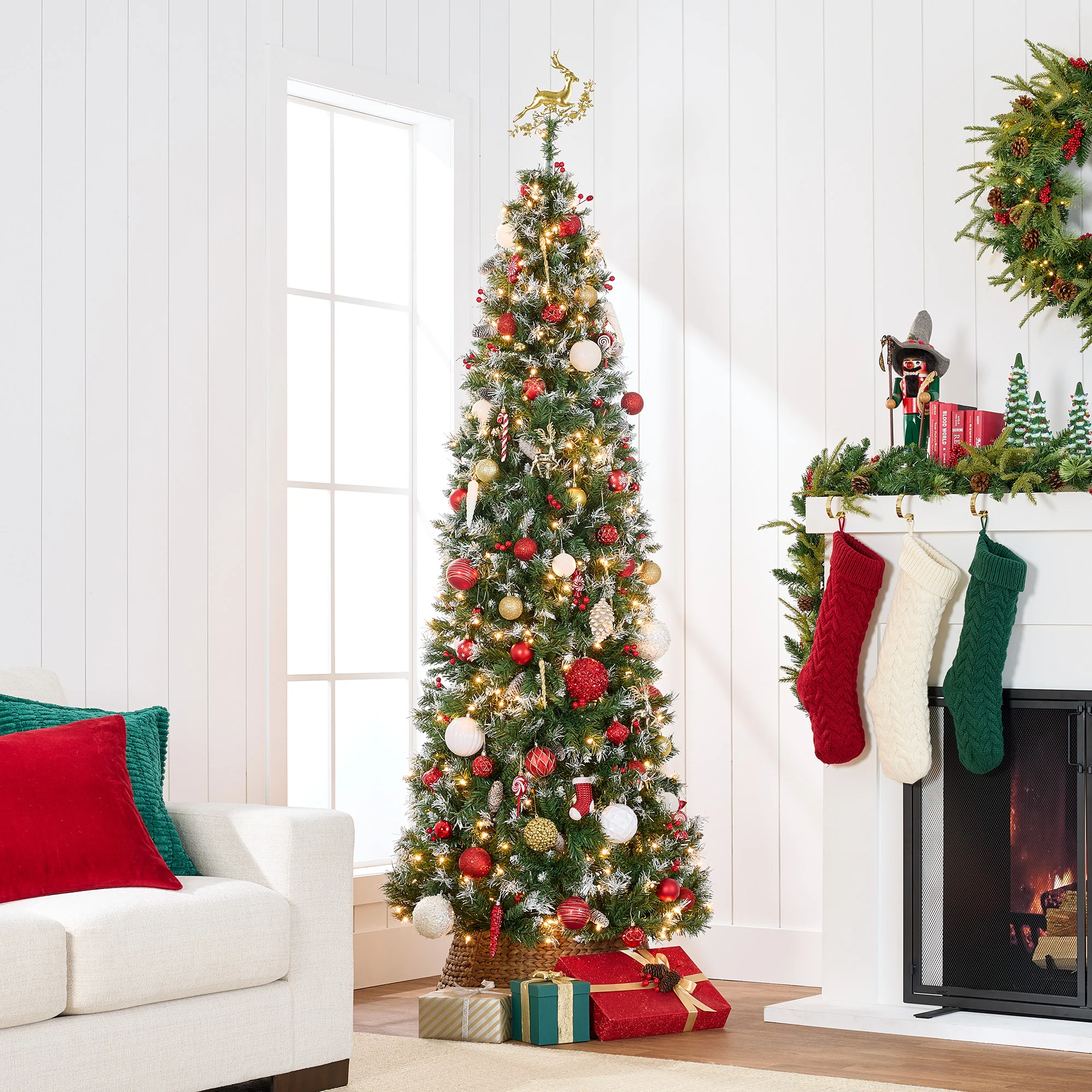 Pre-Lit Partially Flocked Spruce Pencil Tree w/ Berries, Pine Cones - Image 9