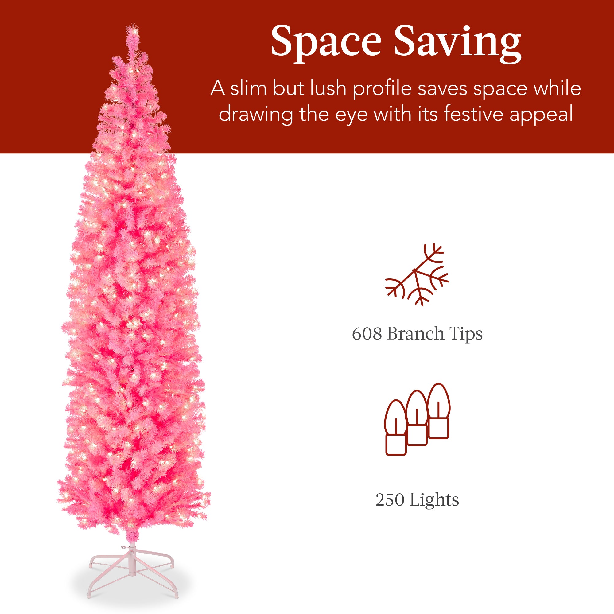 Pre-Lit Pink Artificial Pencil Holiday Tree w/ Warm White Lights, Stand - Image 19