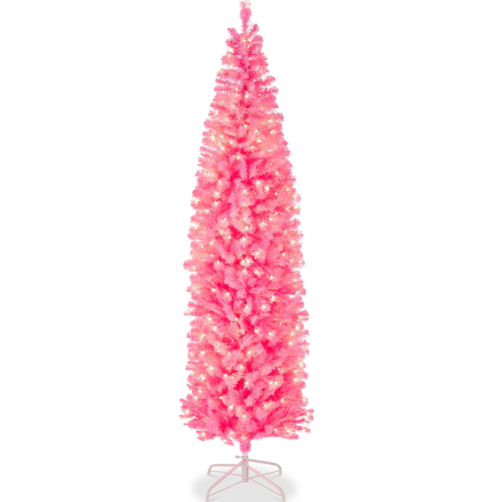 Pre-Lit Pink Artificial Pencil Holiday Tree w/ Warm White Lights, Stand - Image 8