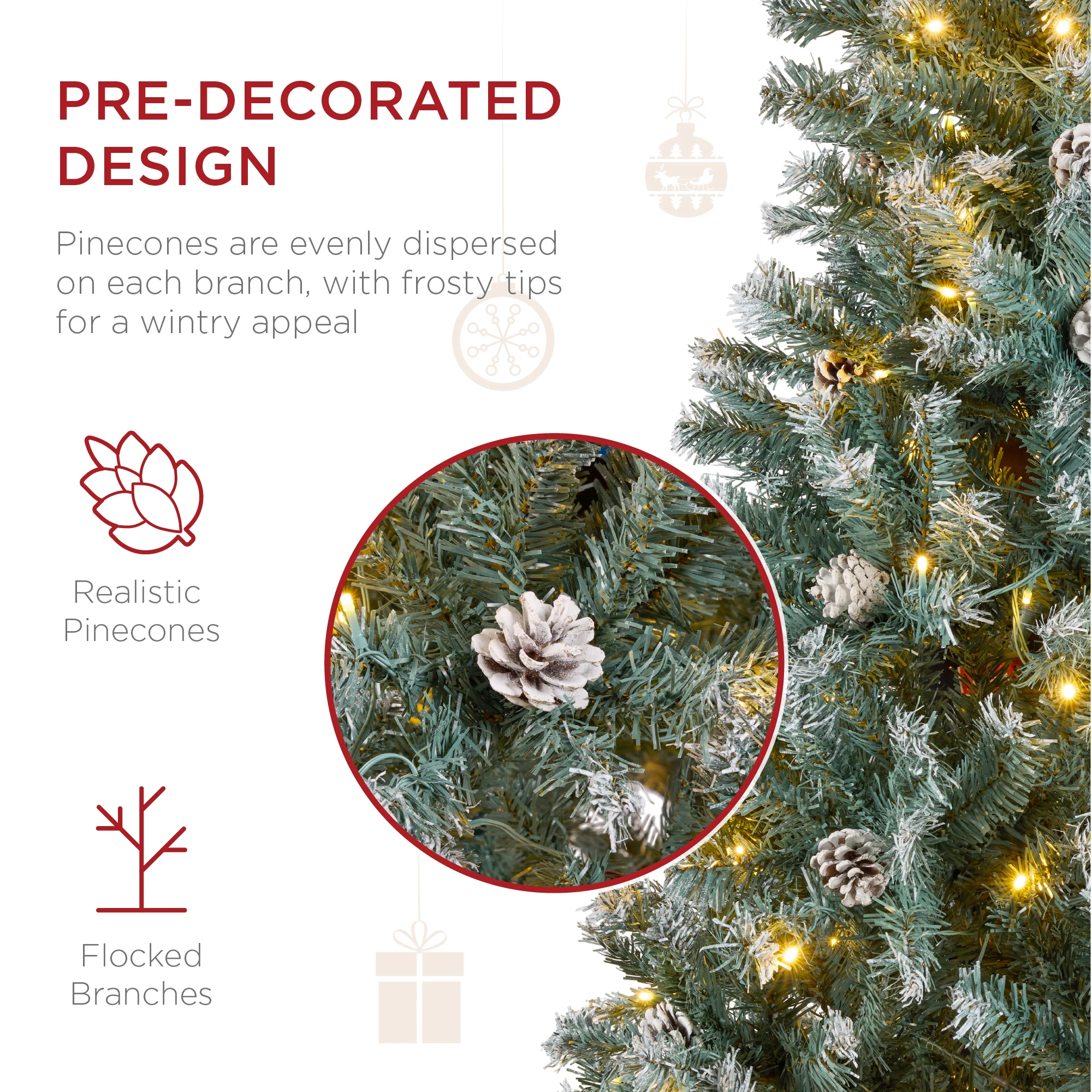 Pre-Lit Pre-Decorated Christmas Tree w/ Flocked Tips, Pinecones - Image 12