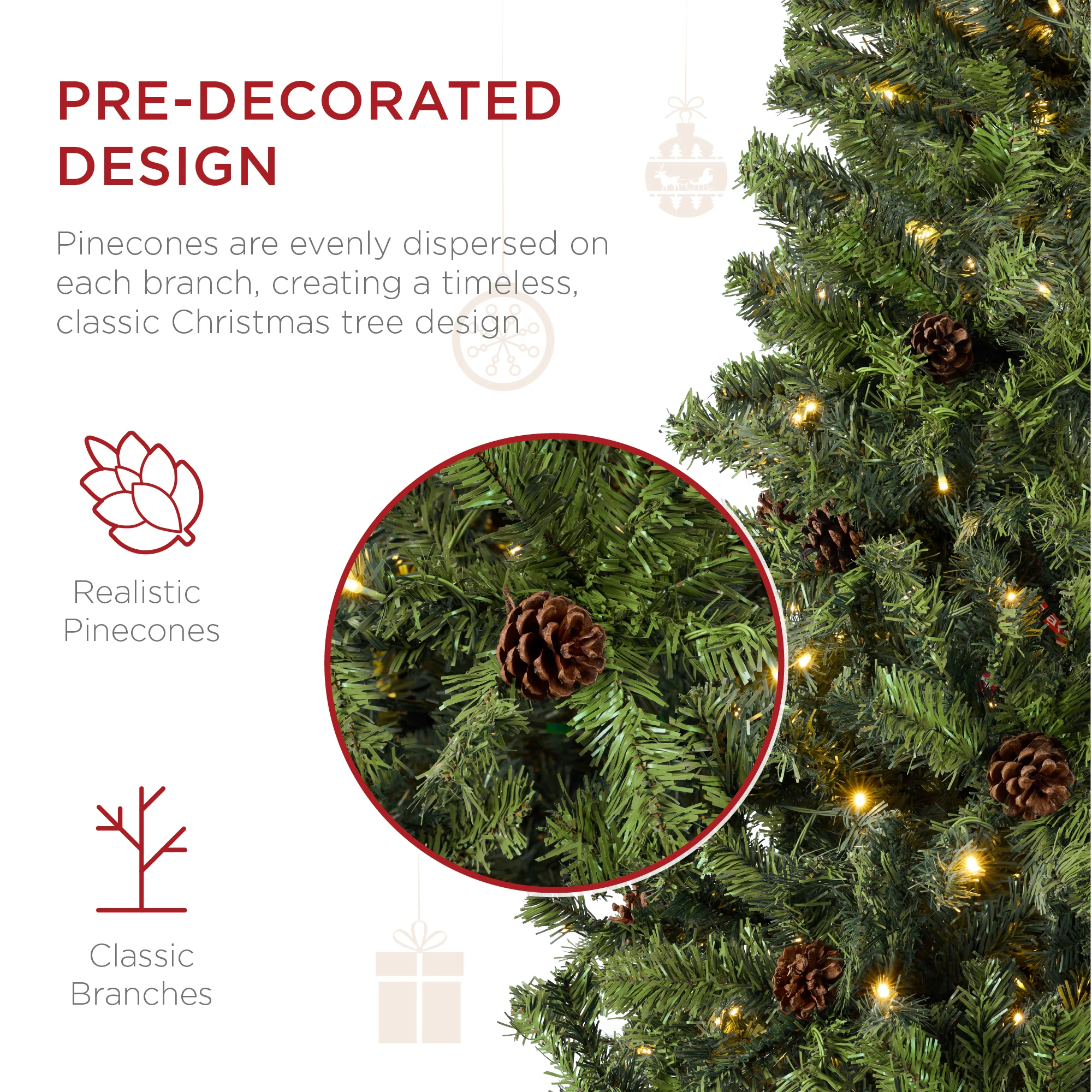 Pre-Lit Pre-Decorated Christmas Tree w/ Pinecones - Image 4