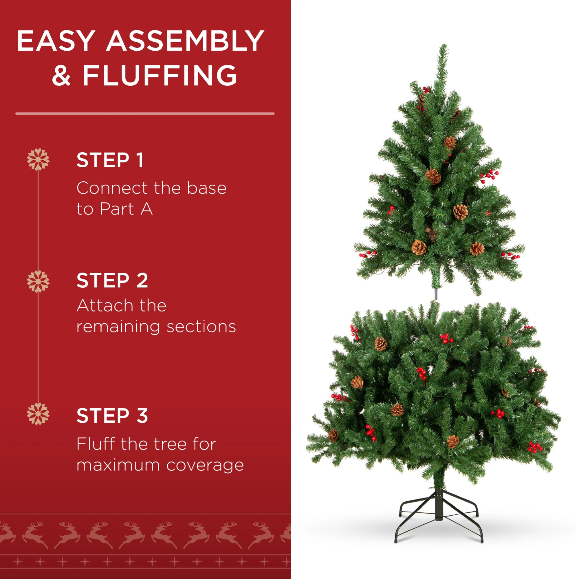 Pre-Lit Pre-Decorated Spruce Christmas Tree w/ Pine Cones, Berries - Image 5