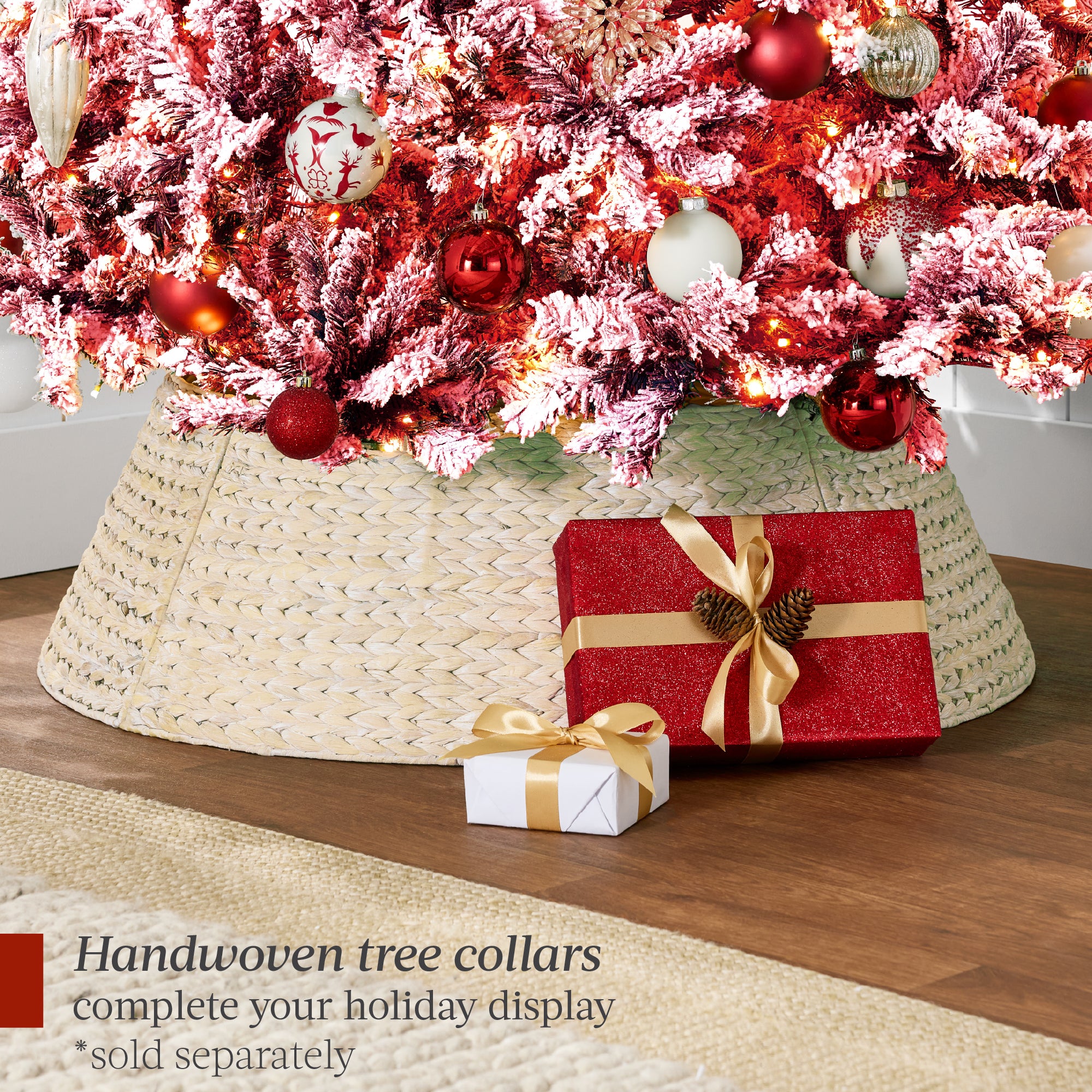 Pre-Lit Red Flocked Artificial Pine Christmas Tree w/ White Lights - Image 16