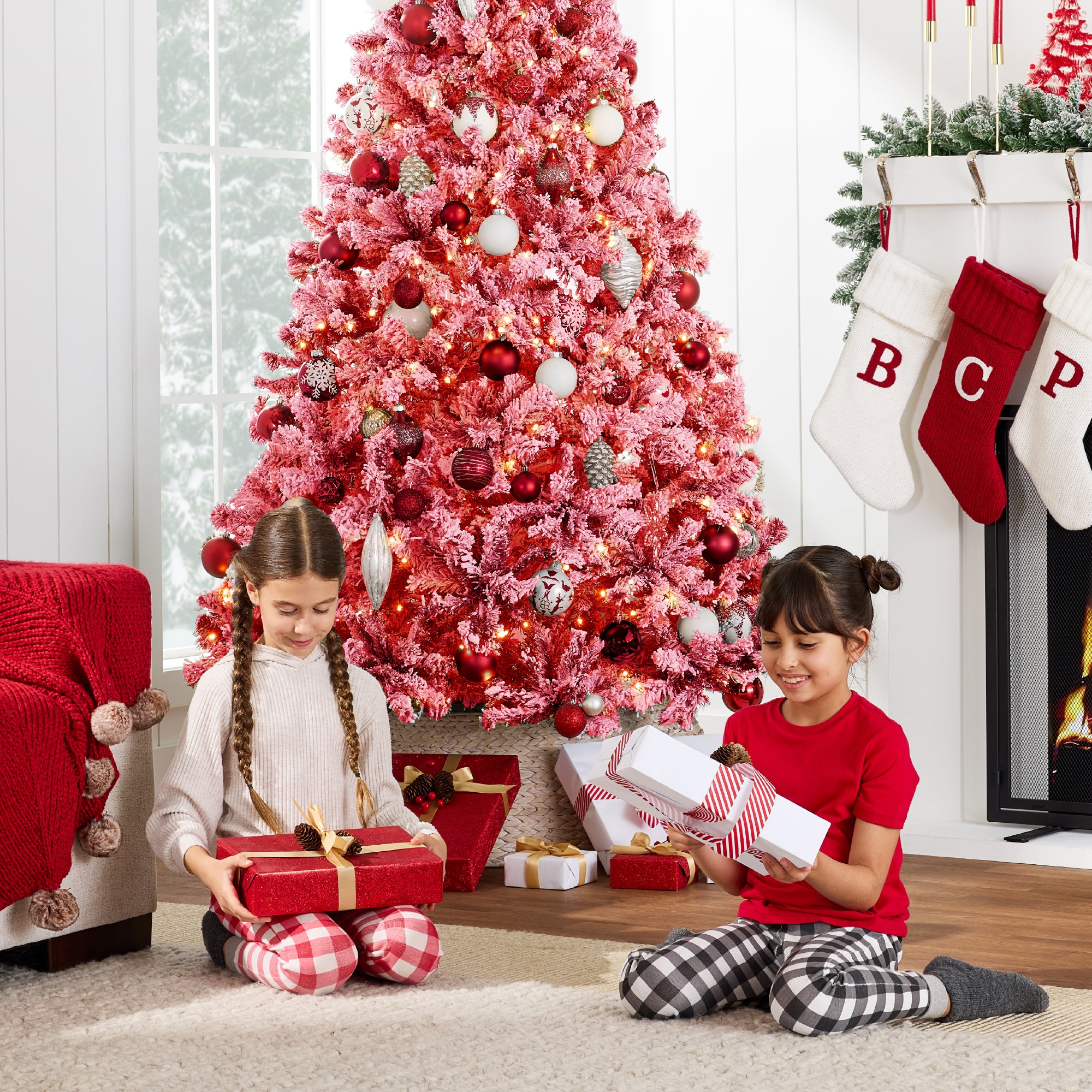 Pre-Lit Red Flocked Artificial Pine Christmas Tree w/ White Lights - Image 21