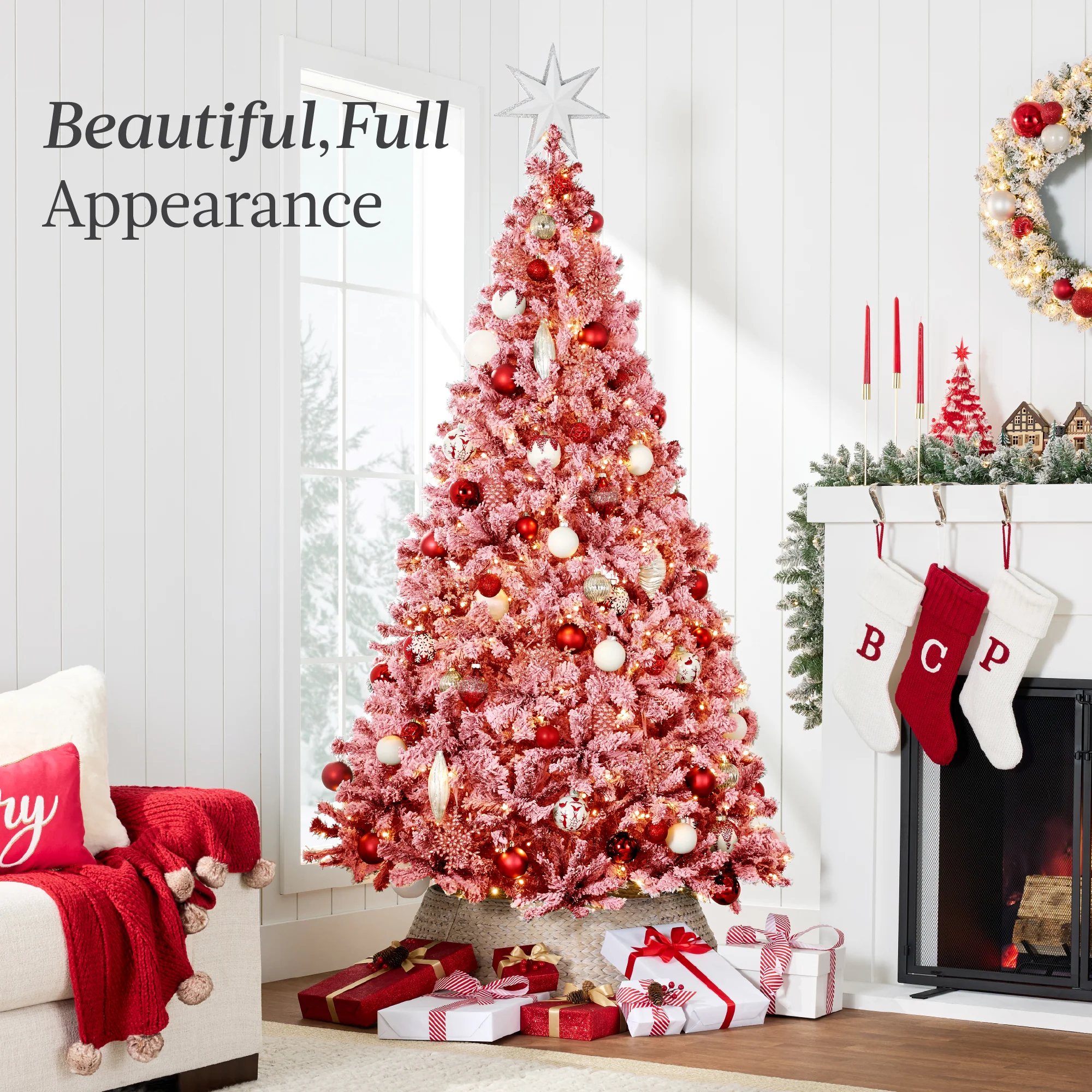 Pre-Lit Red Flocked Artificial Pine Christmas Tree w/ White Lights - Image 3