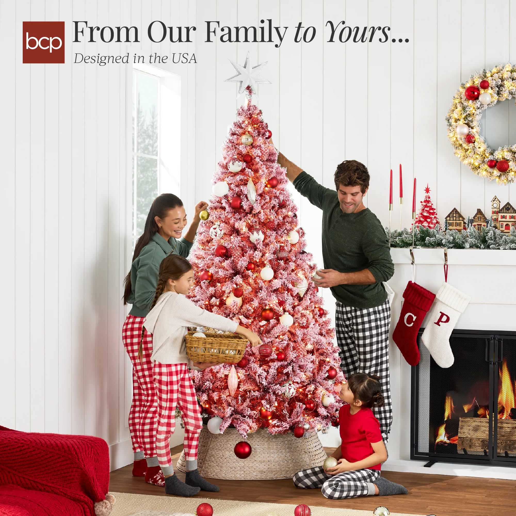 Pre-Lit Red Flocked Artificial Pine Christmas Tree w/ White Lights - Image 4