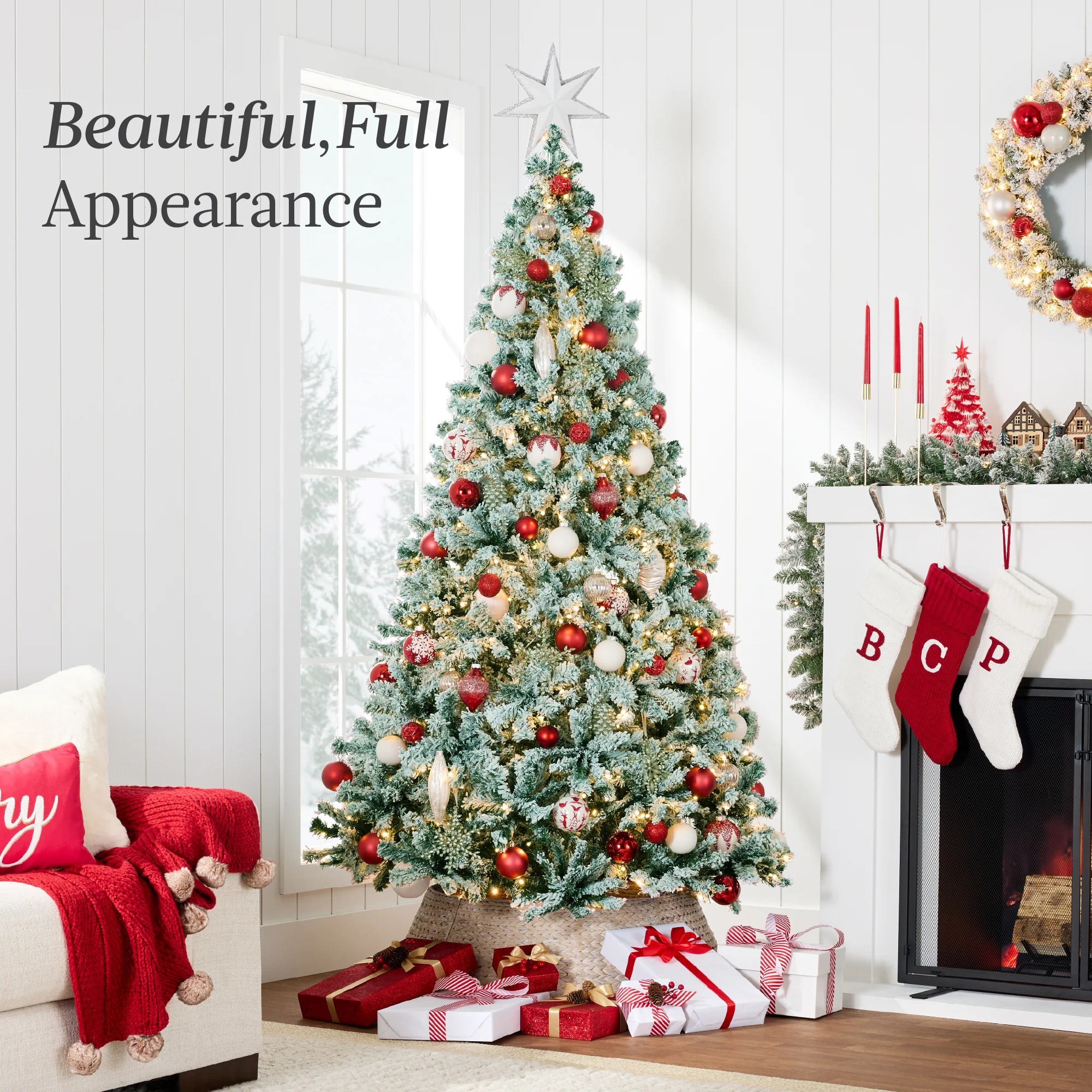Pre-Lit Sage Green Flocked Artificial Pine Christmas Tree w/ White Lights - Image 27