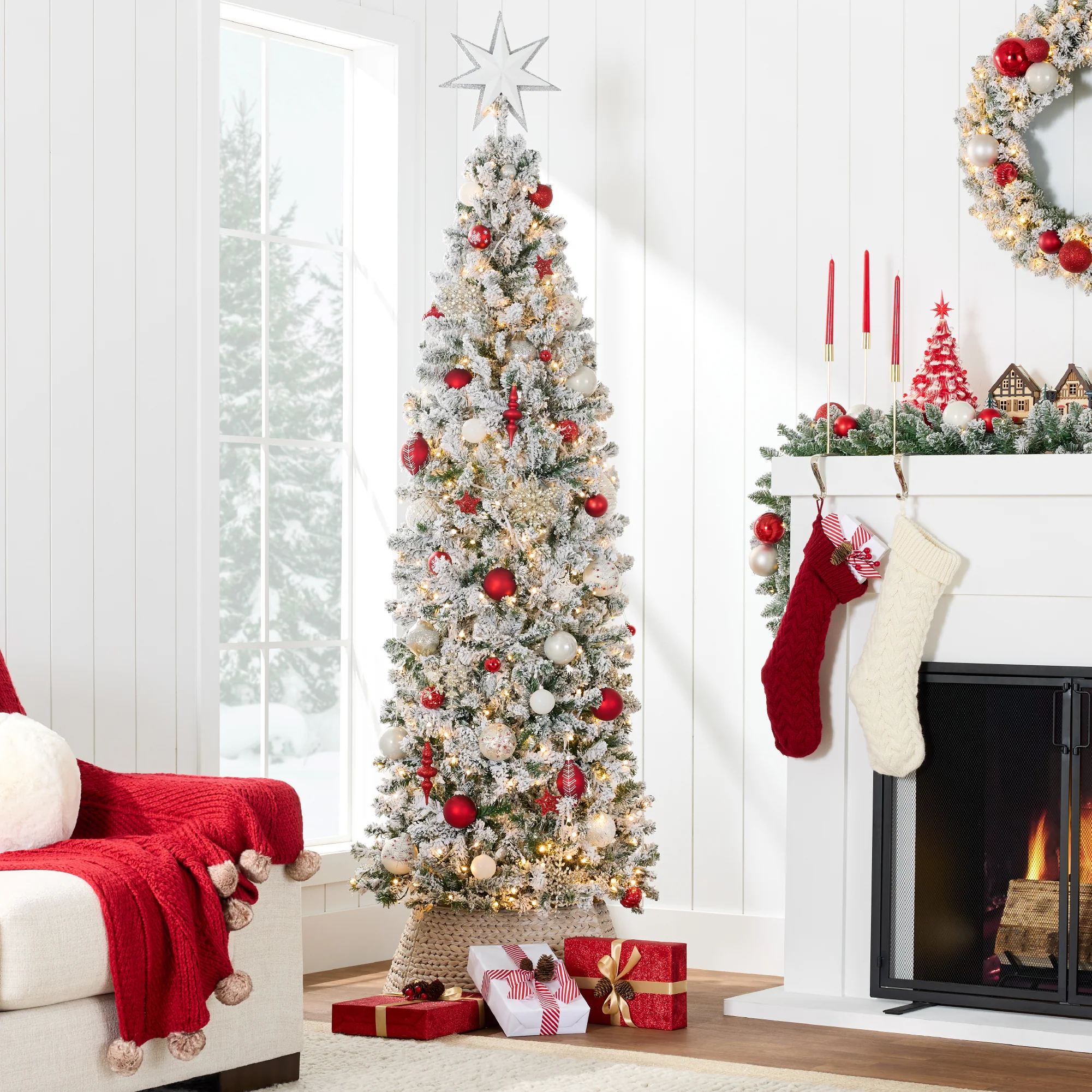 Pre-Lit Snow Flocked Artificial Pencil Christmas Tree - Image 19