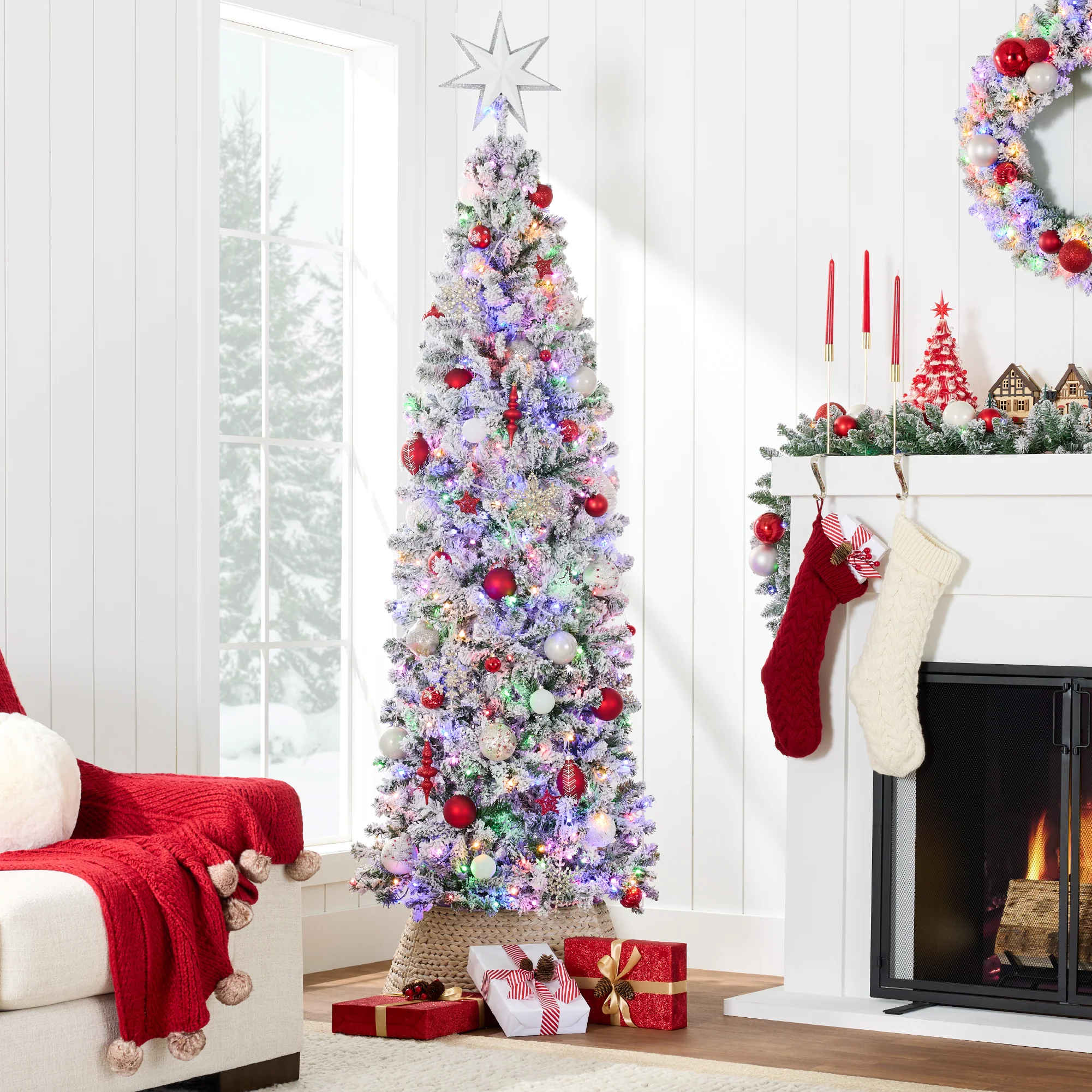 Pre-Lit Snow Flocked Artificial Pencil Christmas Tree w/ Multicolor Lights - Image 19