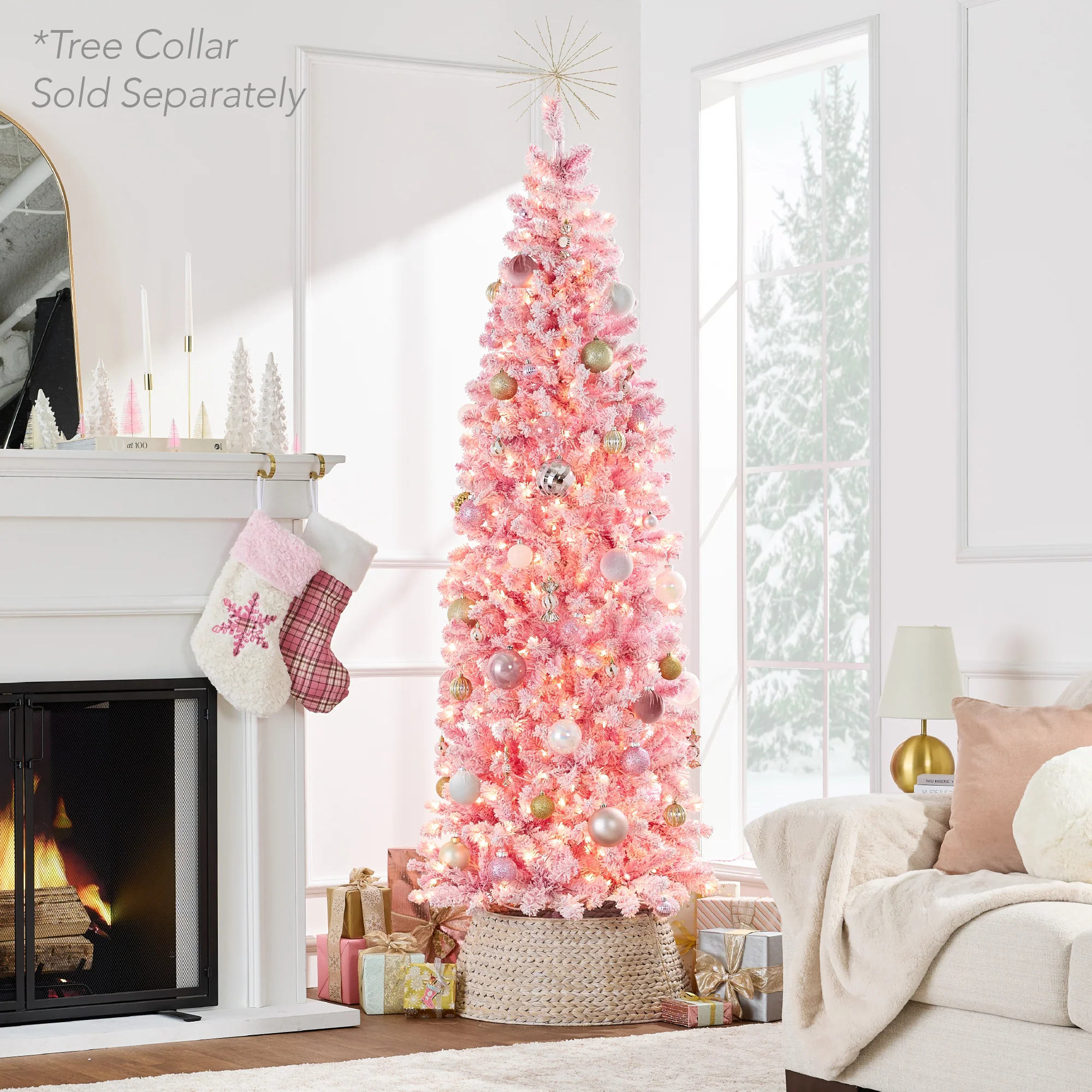 Pre-Lit Snow Flocked Pink Artificial Pencil Christmas Tree - Image 2