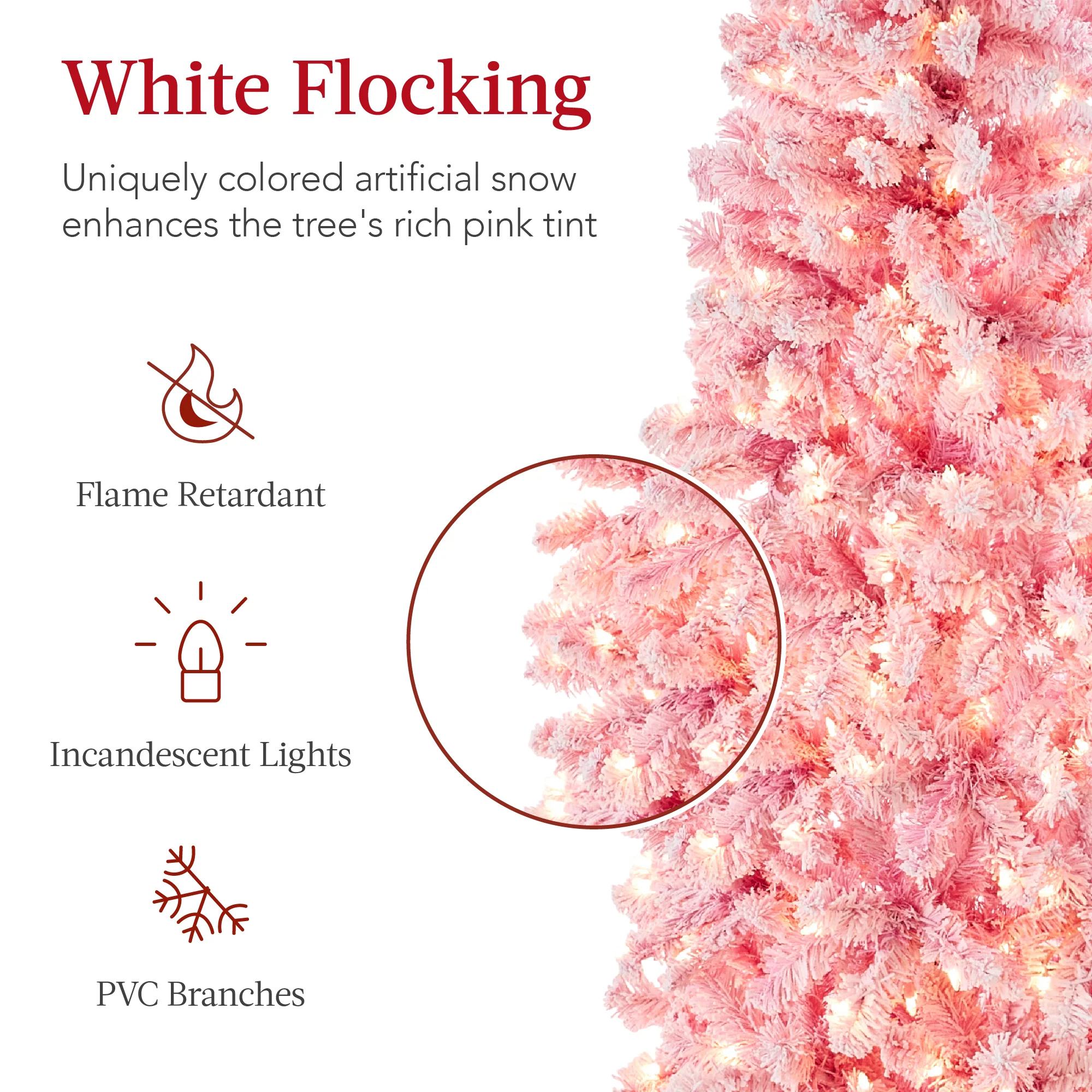 Pre-Lit Snow Flocked Pink Artificial Pencil Christmas Tree - Image 3