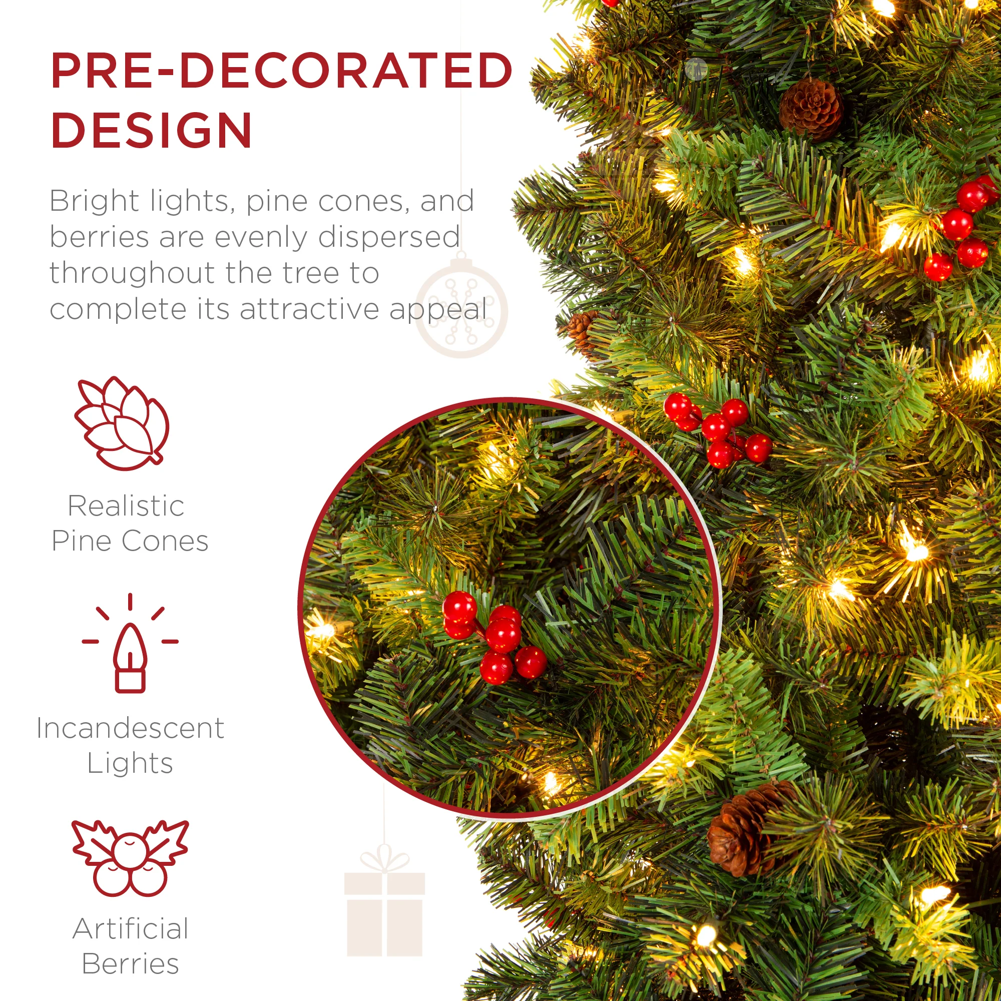 Pre-Lit Spruce Pencil Christmas Tree w/ Berries, Pine Cones - Image 17