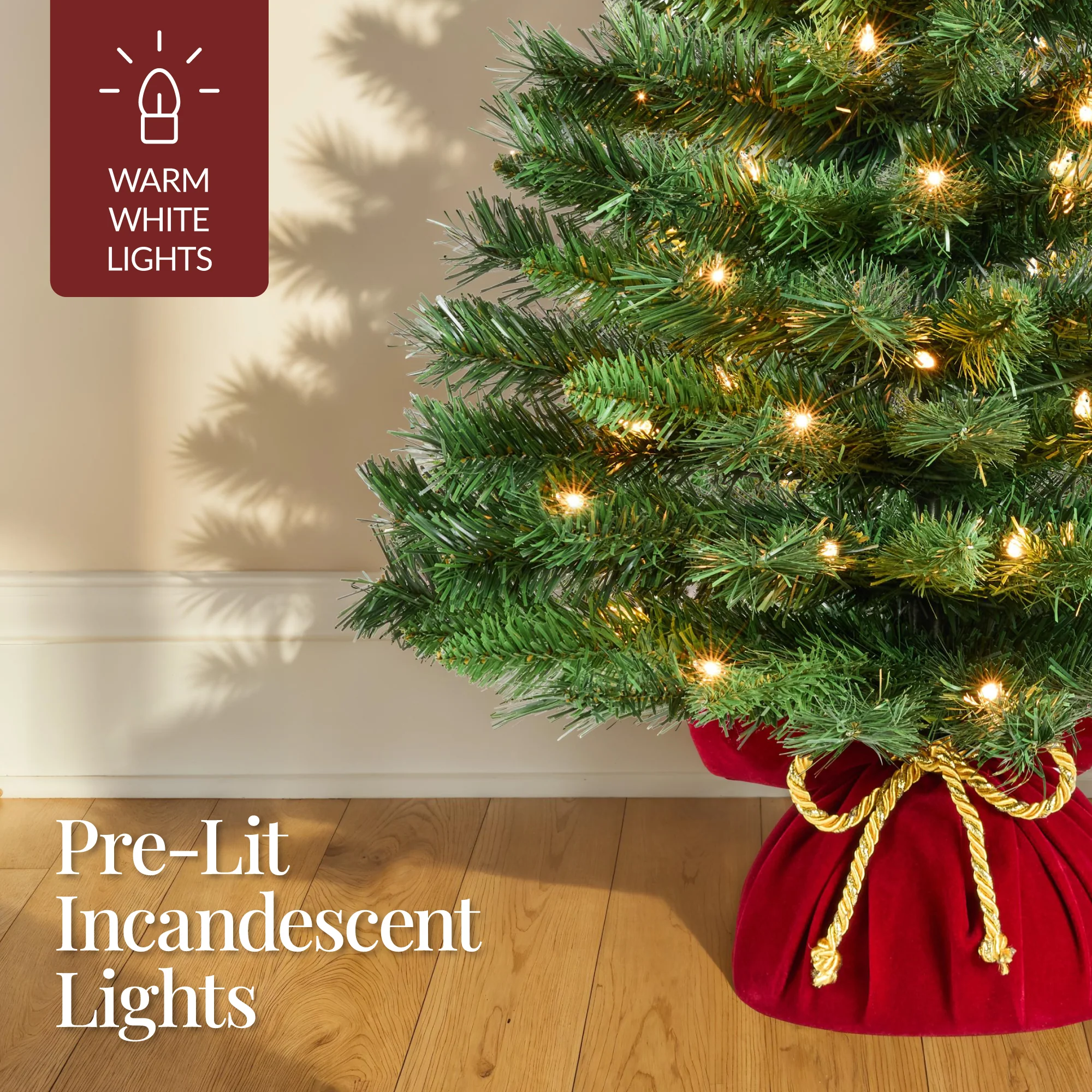 Pre-Lit Tabletop Christmas Tree w/ Red Velvet Cover & Gold Cord - Image 5