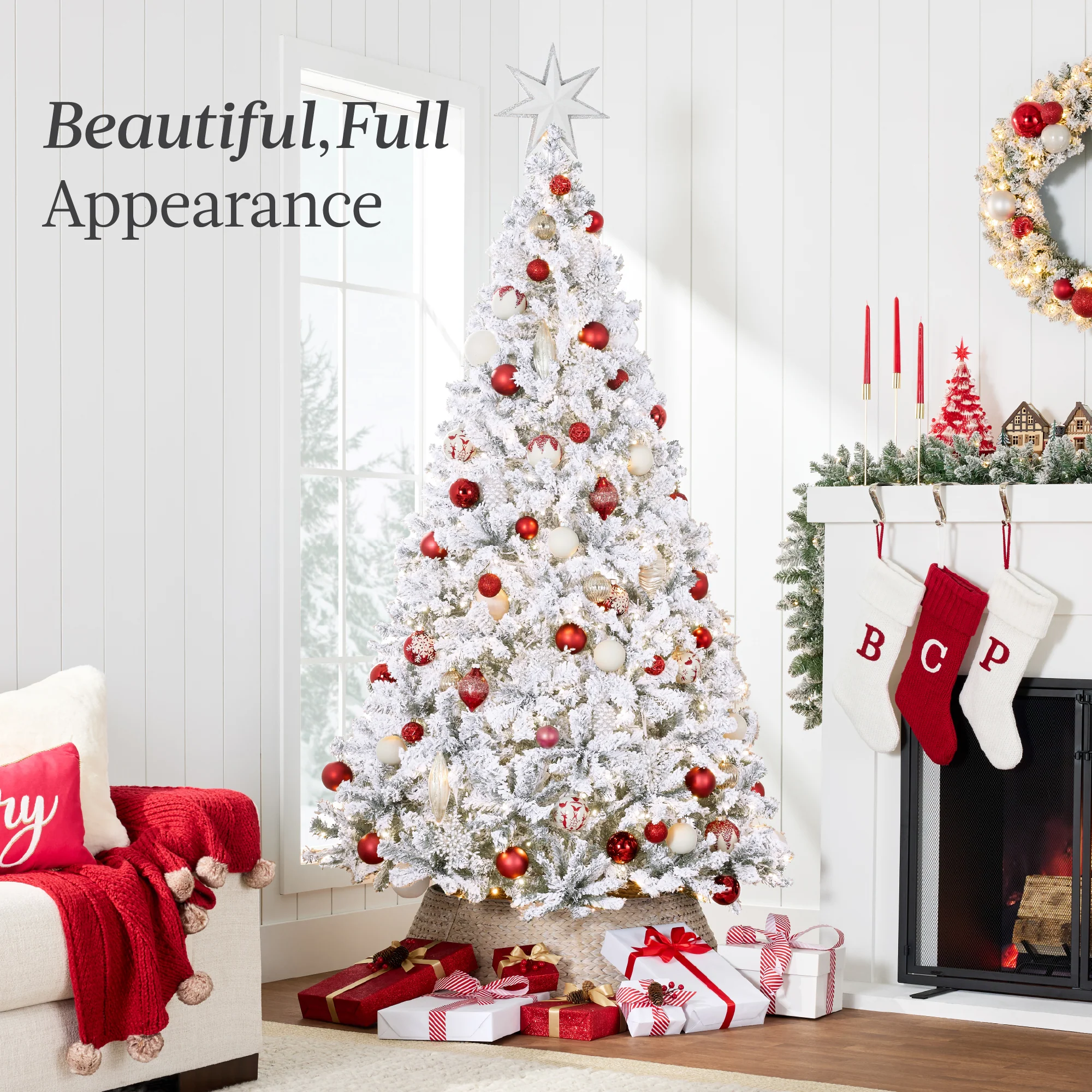 Pre-Lit White Snow Flocked Artificial Pine Christmas Tree w/ 2-in-1 Lights - Image 18