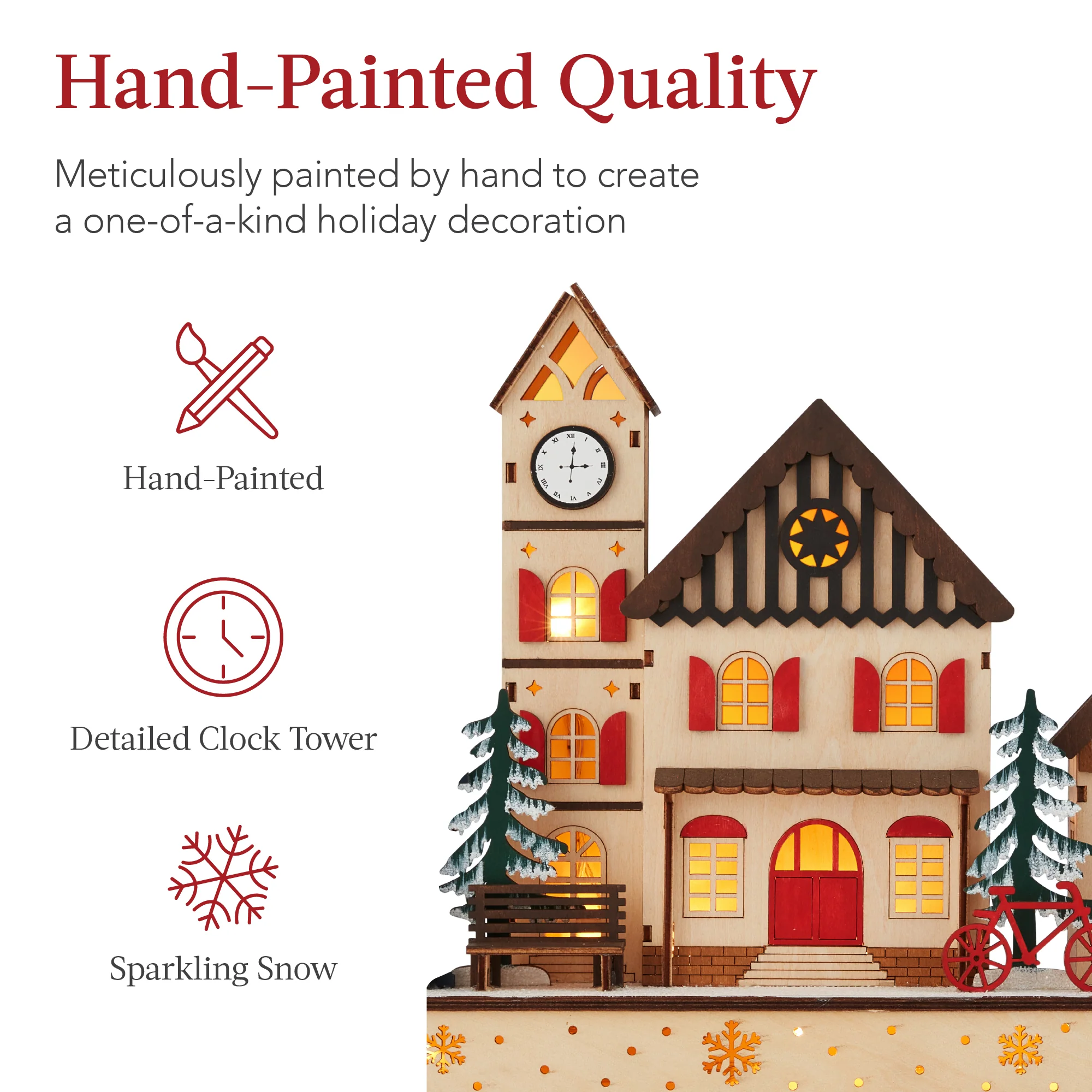 Pre-Lit Wooden Christmas Village, Winter Mantel Decor w/ 20 LED Lights - Image 2