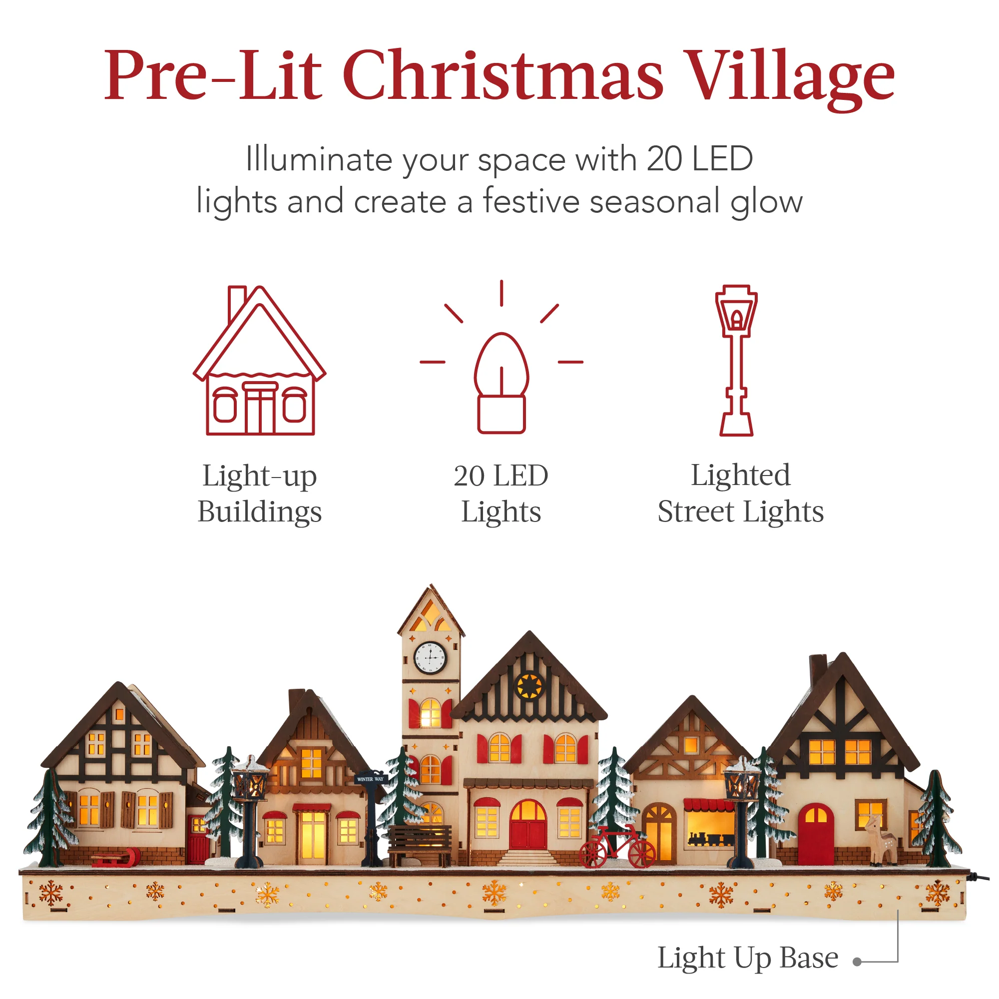 Pre-Lit Wooden Christmas Village, Winter Mantel Decor w/ 20 LED Lights - Image 3