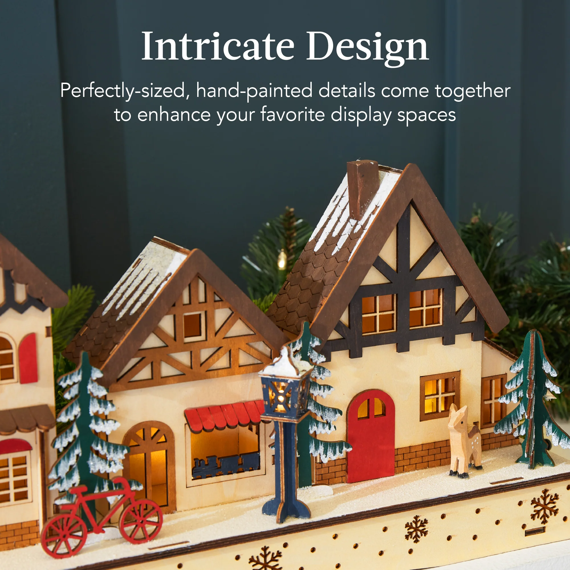 Pre-Lit Wooden Christmas Village, Winter Mantel Decor w/ 20 LED Lights - Image 5