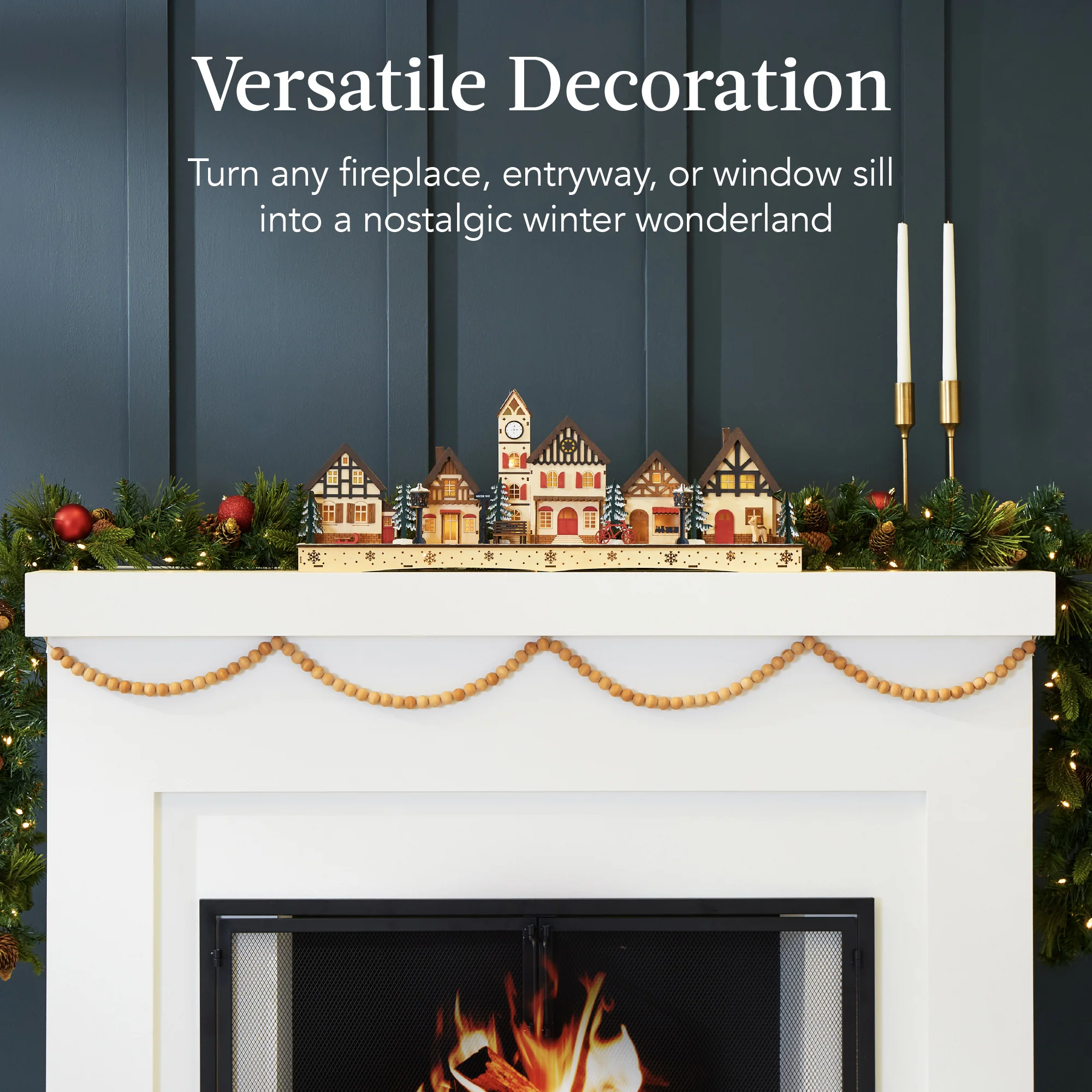 Pre-Lit Wooden Christmas Village, Winter Mantel Decor w/ 20 LED Lights - Image 6