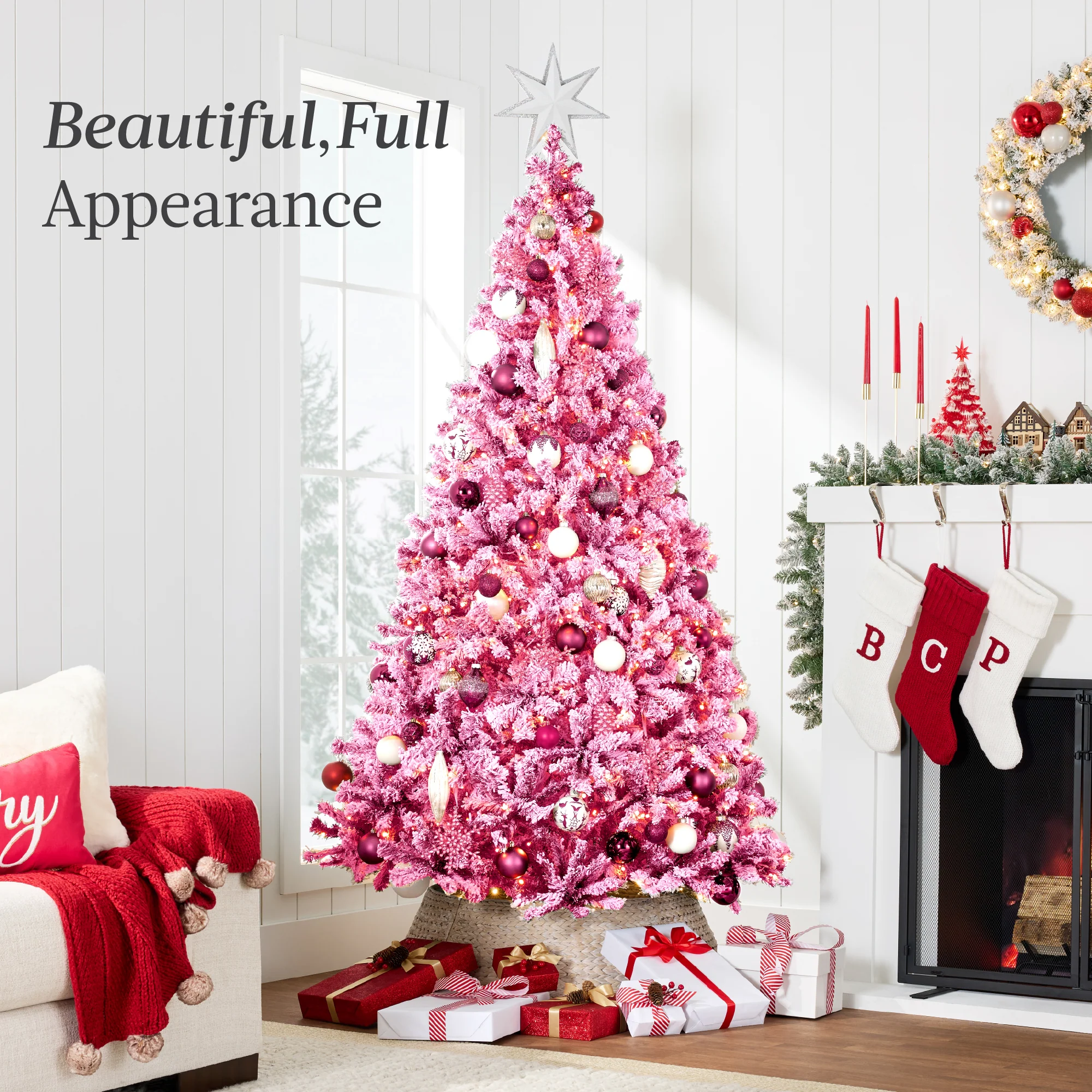 Prelit Pink Christmas Tree, Snow Flocked Full Holiday Decor w/ Metal Base - Image 19