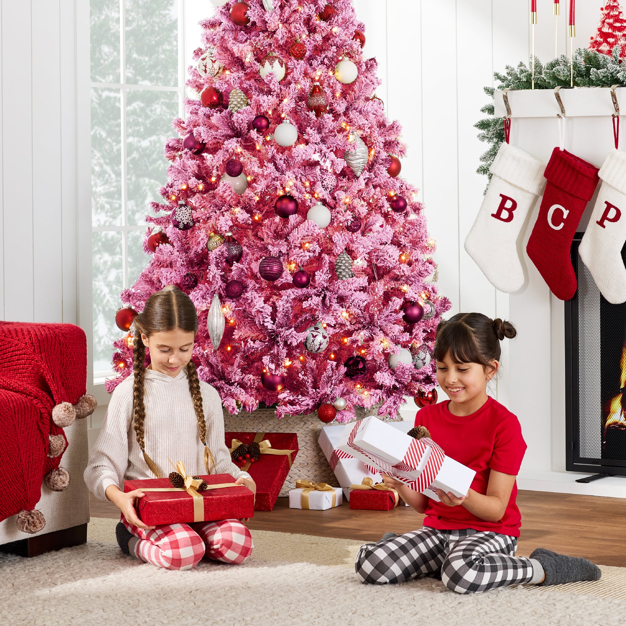 Prelit Pink Christmas Tree, Snow Flocked Full Holiday Decor w/ Metal Base - Image 5