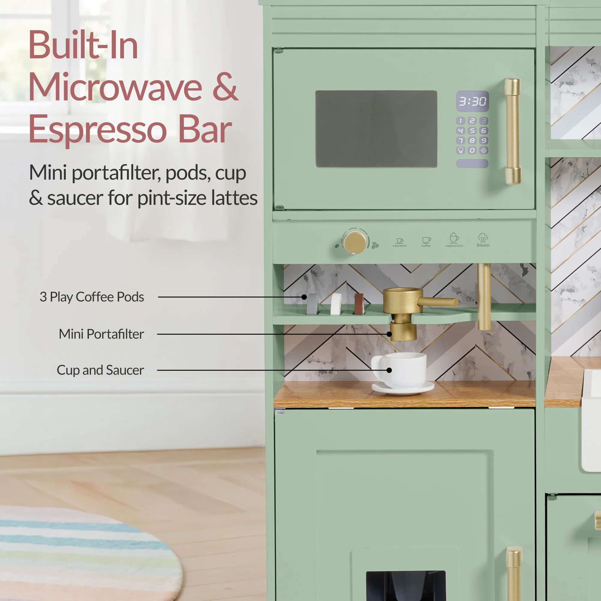 Pretend Kitchen Toy Set for Kids w/Lights, Sounds, Island, Espresso Machine - Image 41