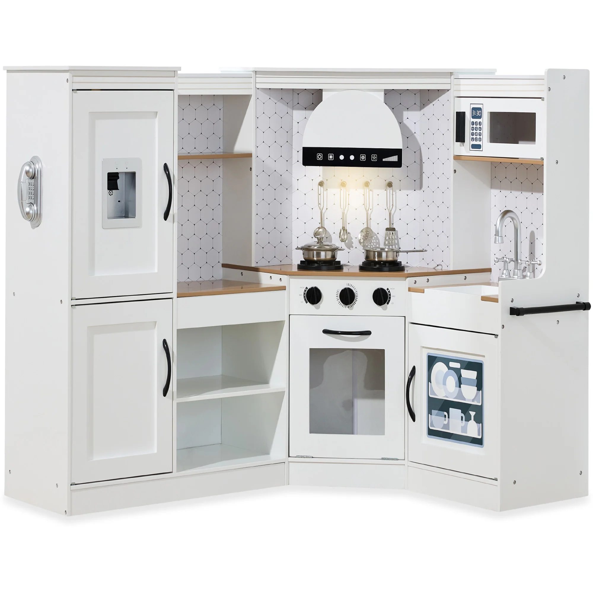 Pretend Play Corner Kitchen Wooden Toy Set for Kids w/ Lights, Sounds