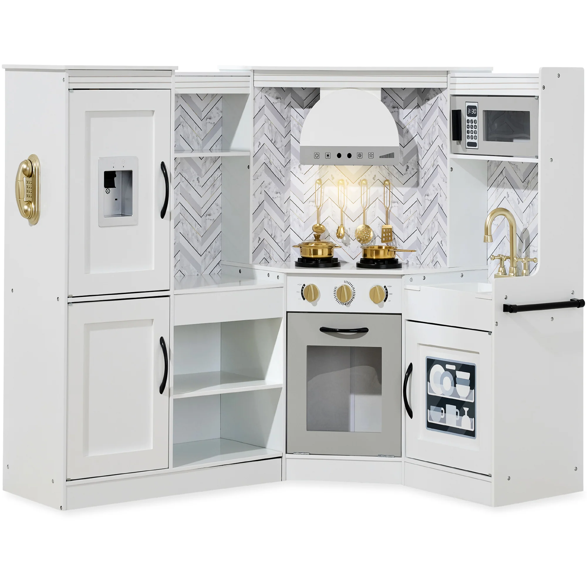 Pretend Play Corner Kitchen Wooden Toy Set for Kids w/ Lights, Sounds - Image 10