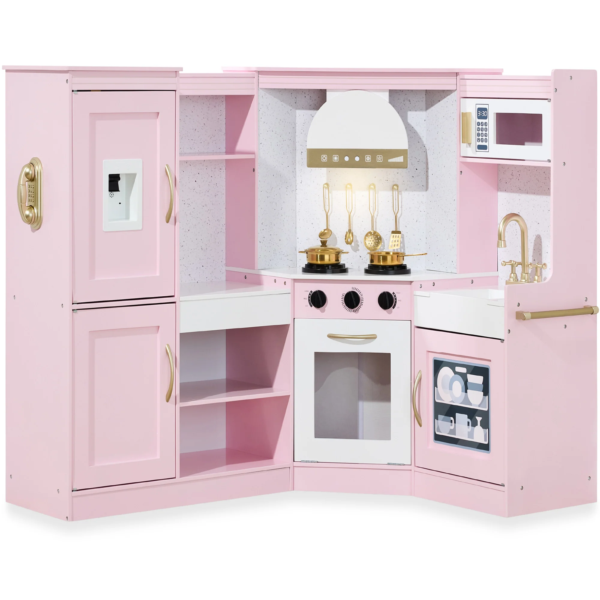 Pretend Play Corner Kitchen Wooden Toy Set for Kids w/ Lights, Sounds - Image 28