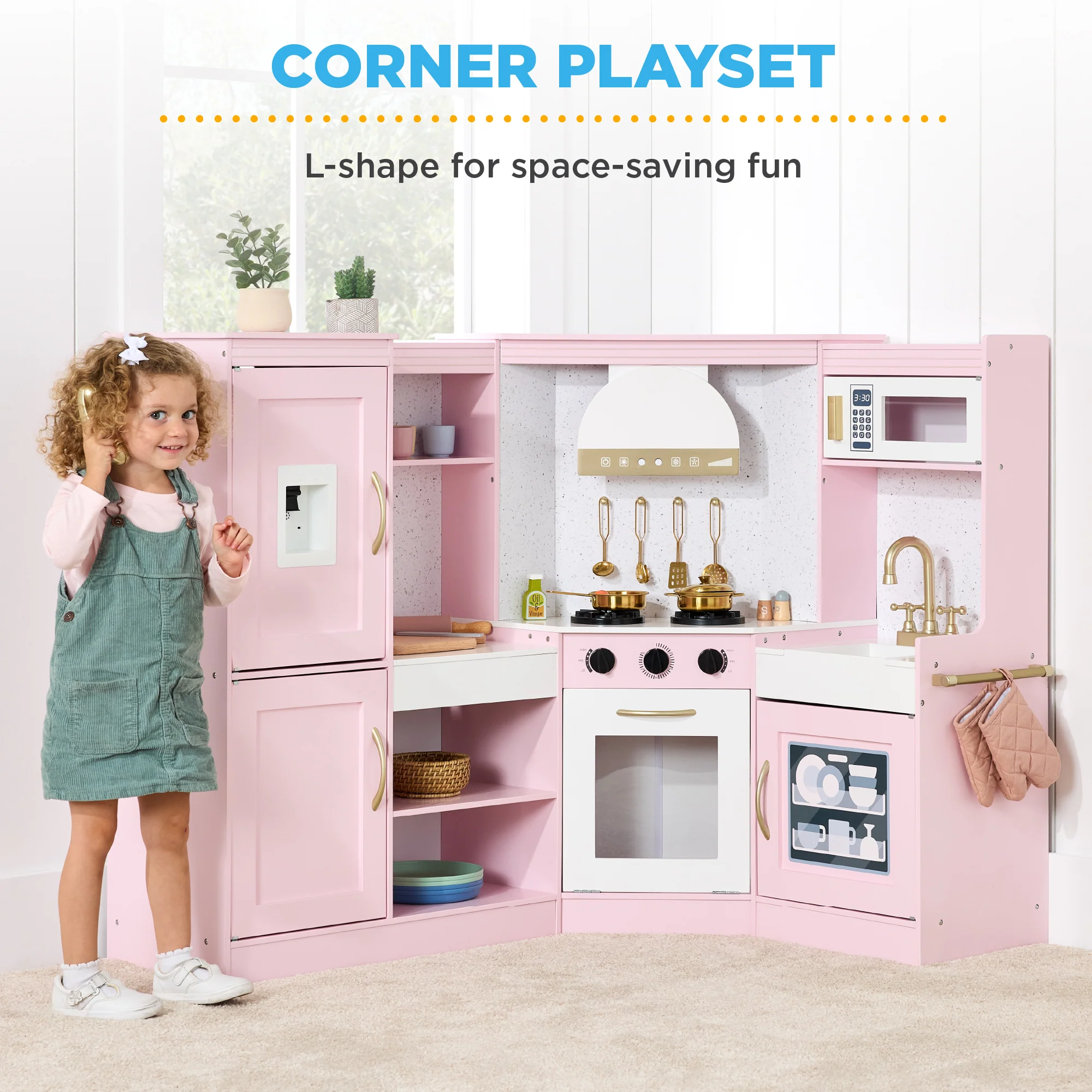 Pretend Play Corner Kitchen Wooden Toy Set for Kids w/ Lights, Sounds - Image 29