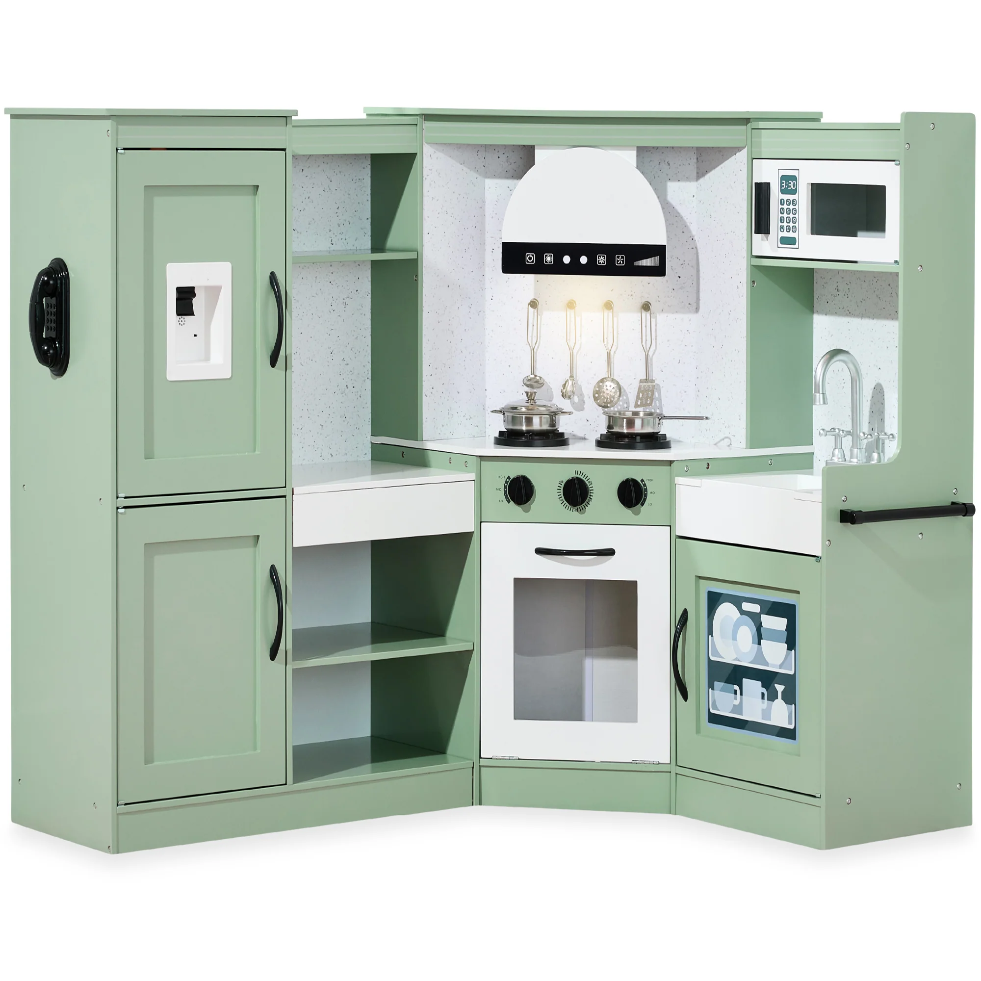 Pretend Play Corner Kitchen Wooden Toy Set for Kids w/ Lights, Sounds - Image 37
