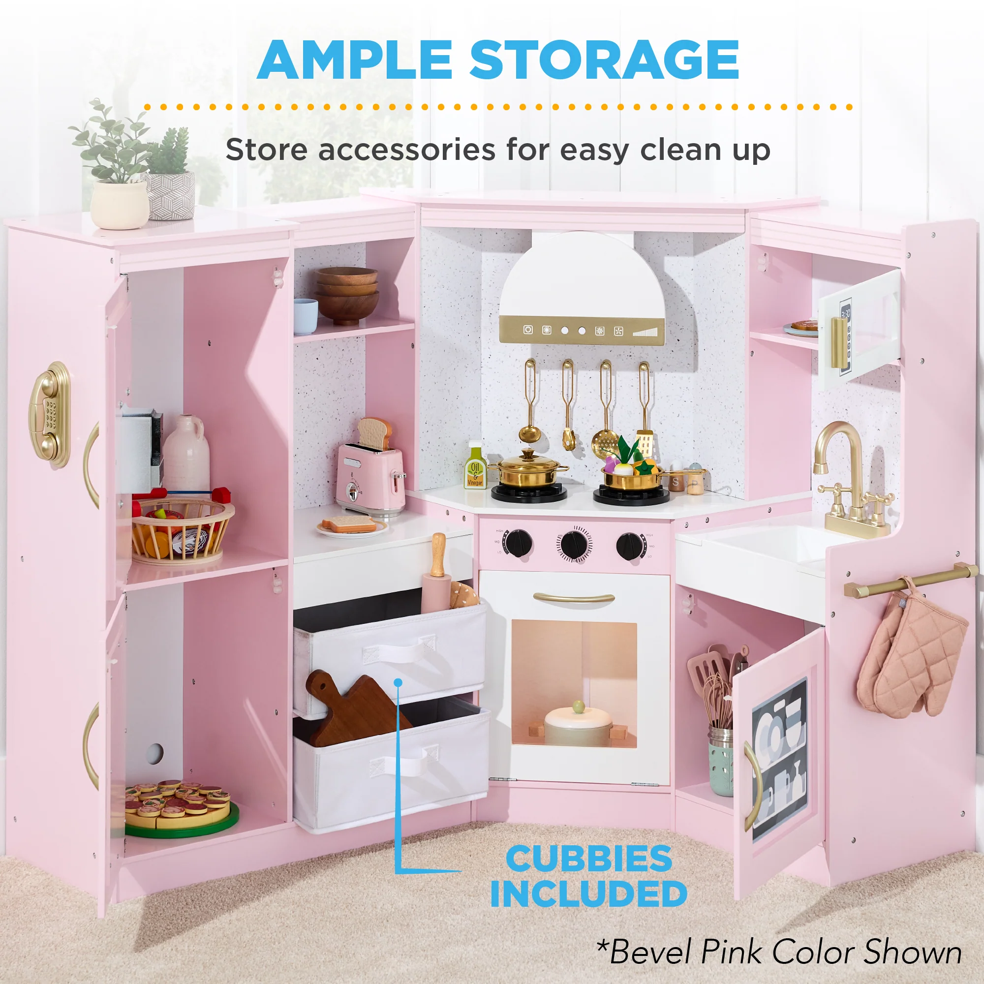 Pretend Play Corner Kitchen Wooden Toy Set for Kids w/ Lights, Sounds - Image 39