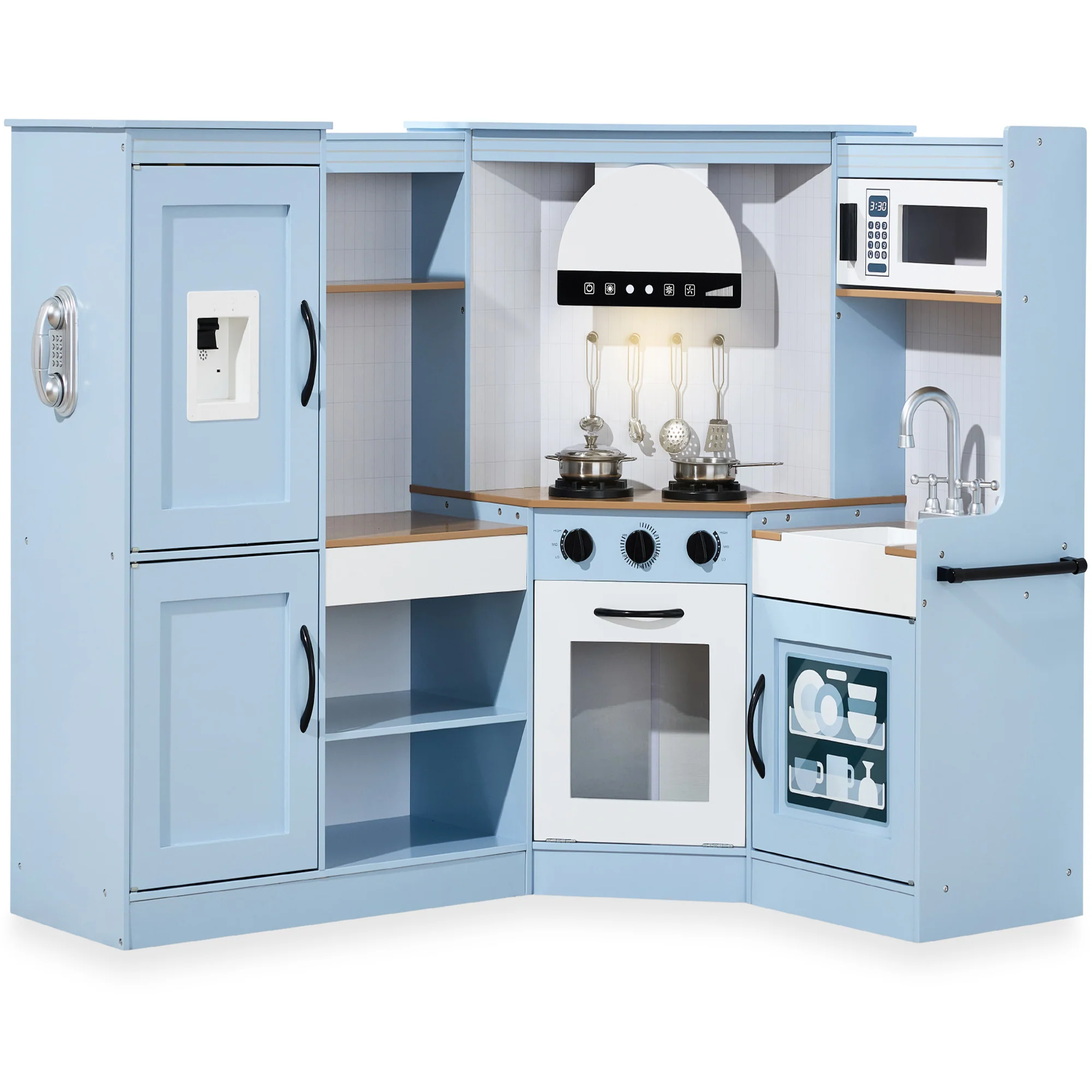 Pretend Play Corner Kitchen Wooden Toy Set for Kids w/ Lights, Sounds - Image 46