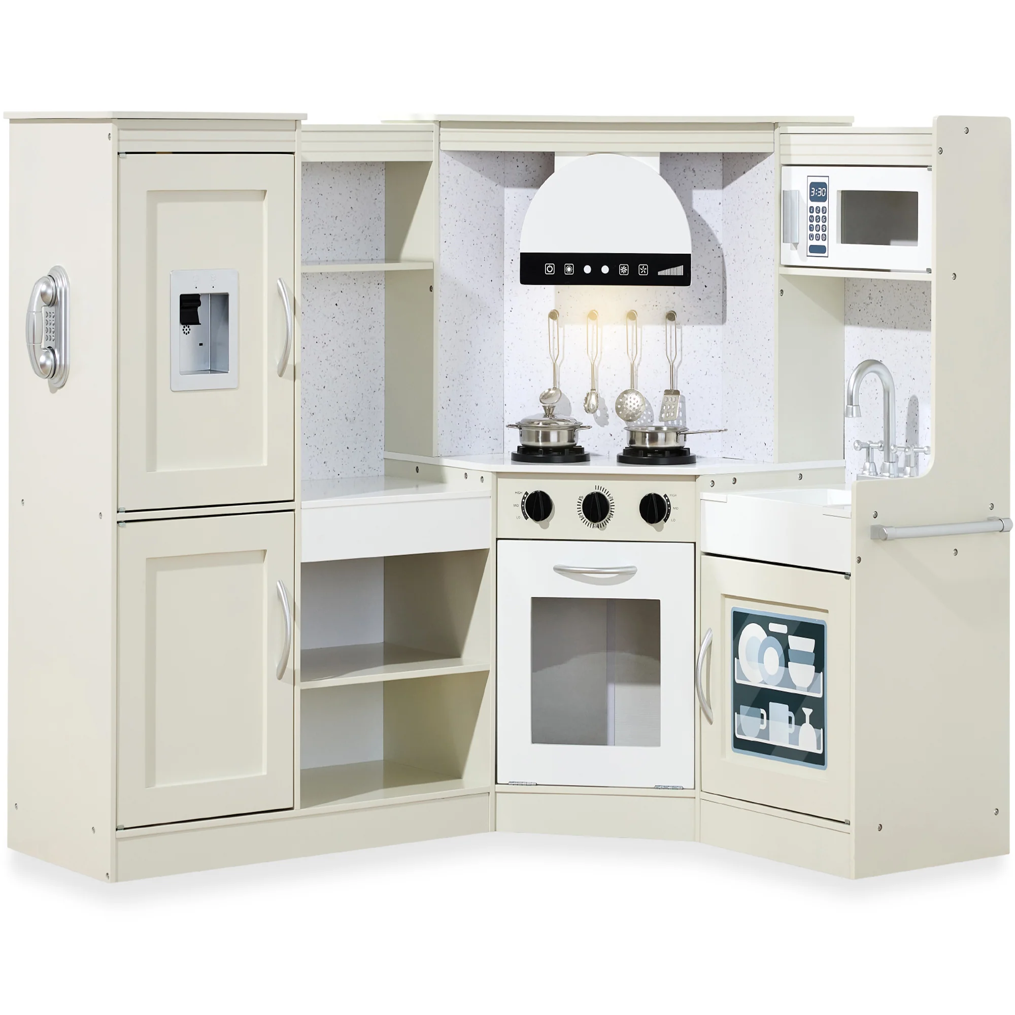 Pretend Play Corner Kitchen Wooden Toy Set for Kids w/ Lights, Sounds - Image 73