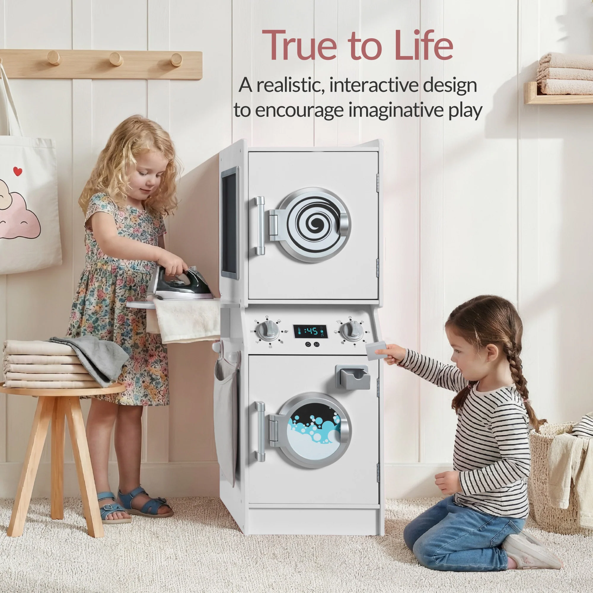 Pretend Play Kids Wooden Washer & Dryer Set w/ Laundry Accessories - Image 19