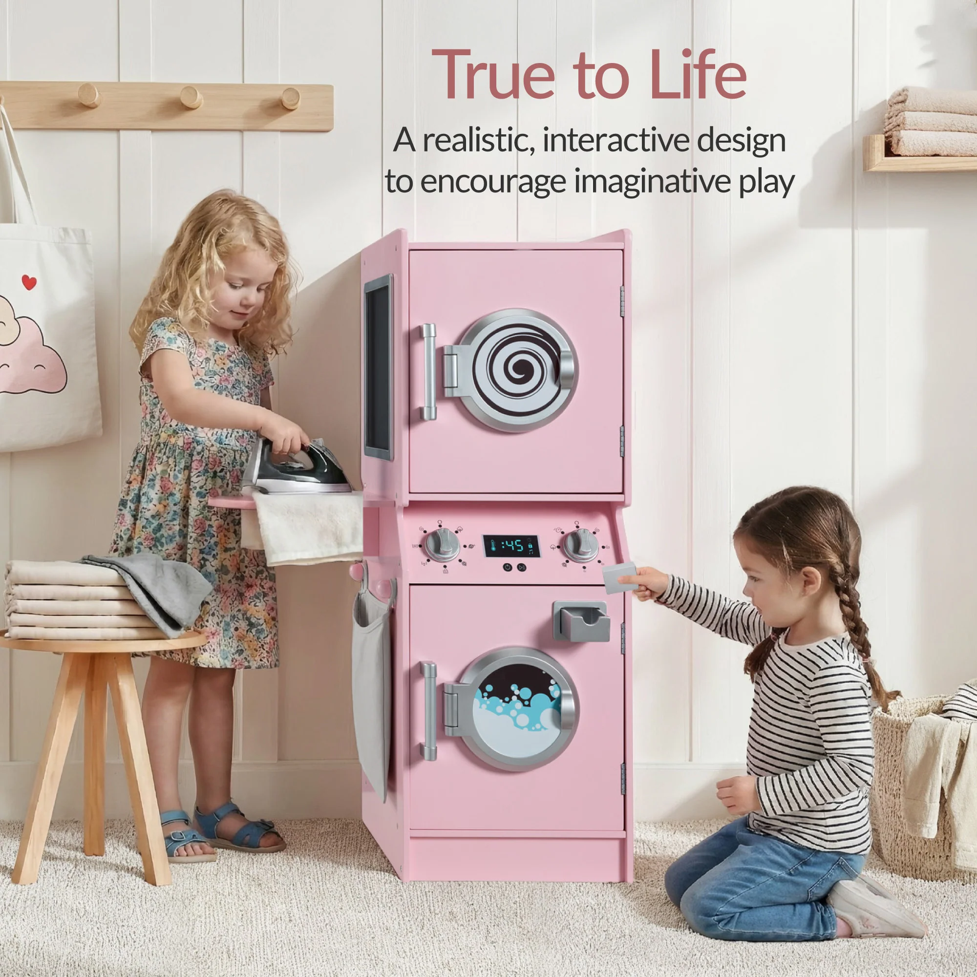 Pretend Play Kids Wooden Washer & Dryer Set w/ Laundry Accessories - Image 3