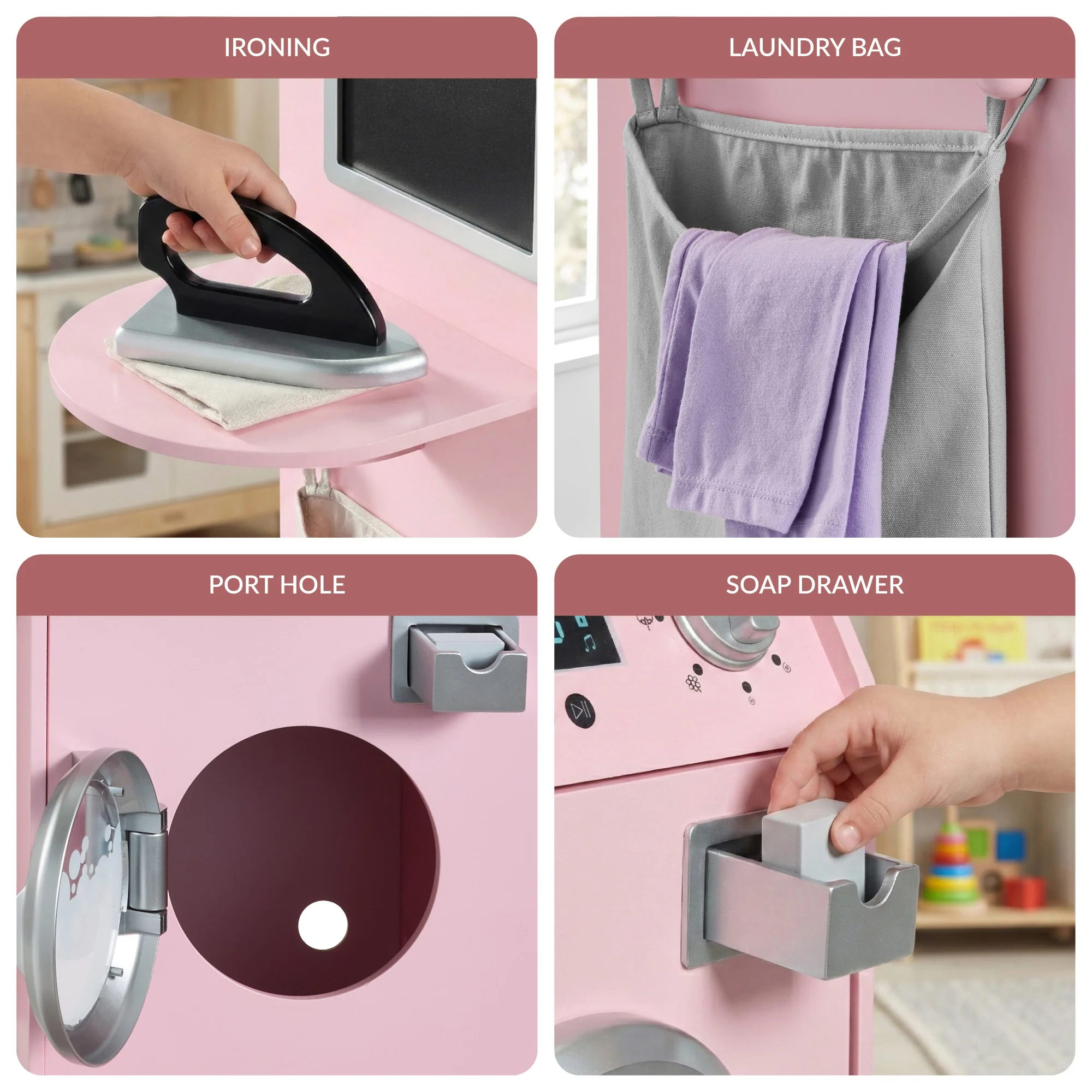 Pretend Play Kids Wooden Washer & Dryer Set w/ Laundry Accessories - Image 4