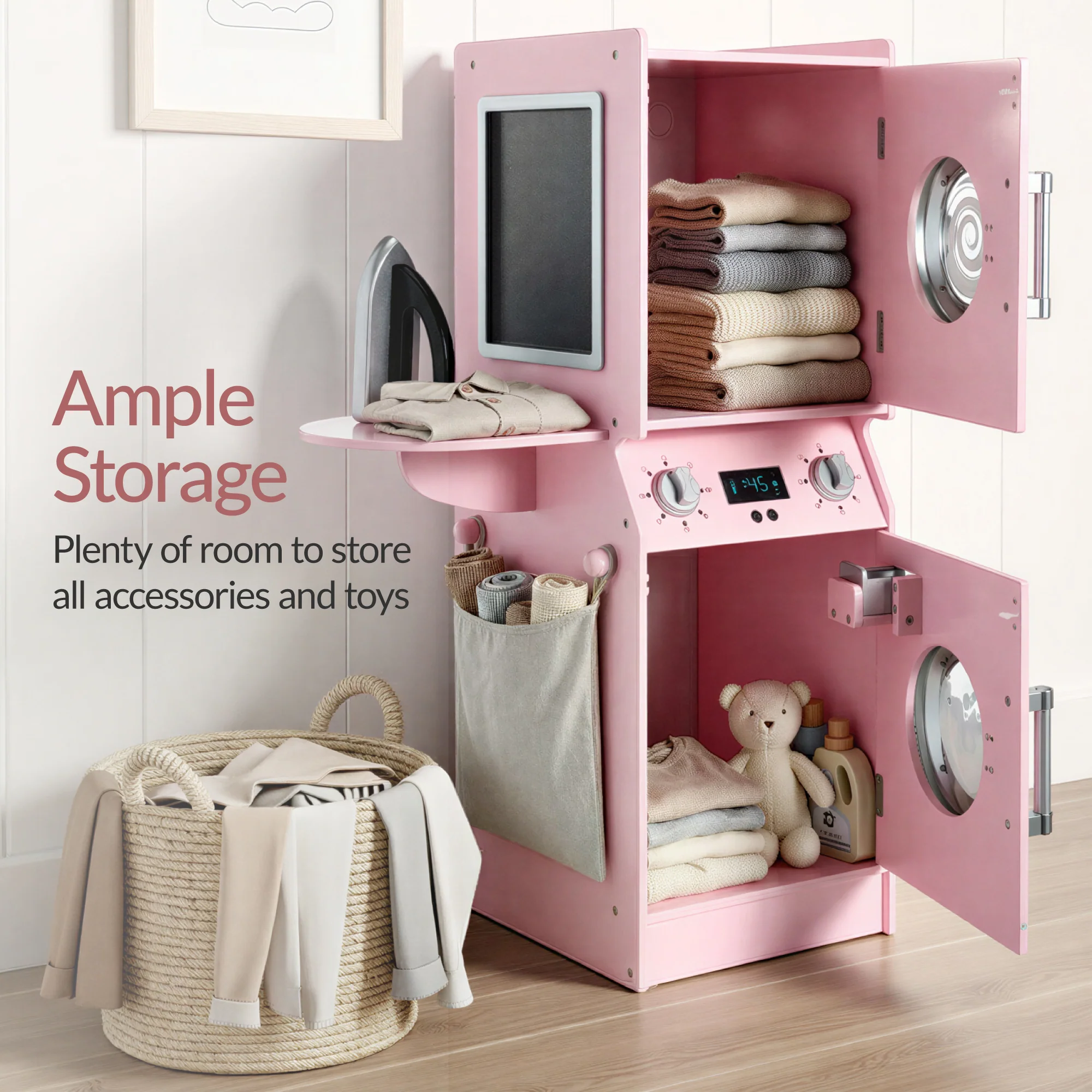Pretend Play Kids Wooden Washer & Dryer Set w/ Laundry Accessories - Image 5