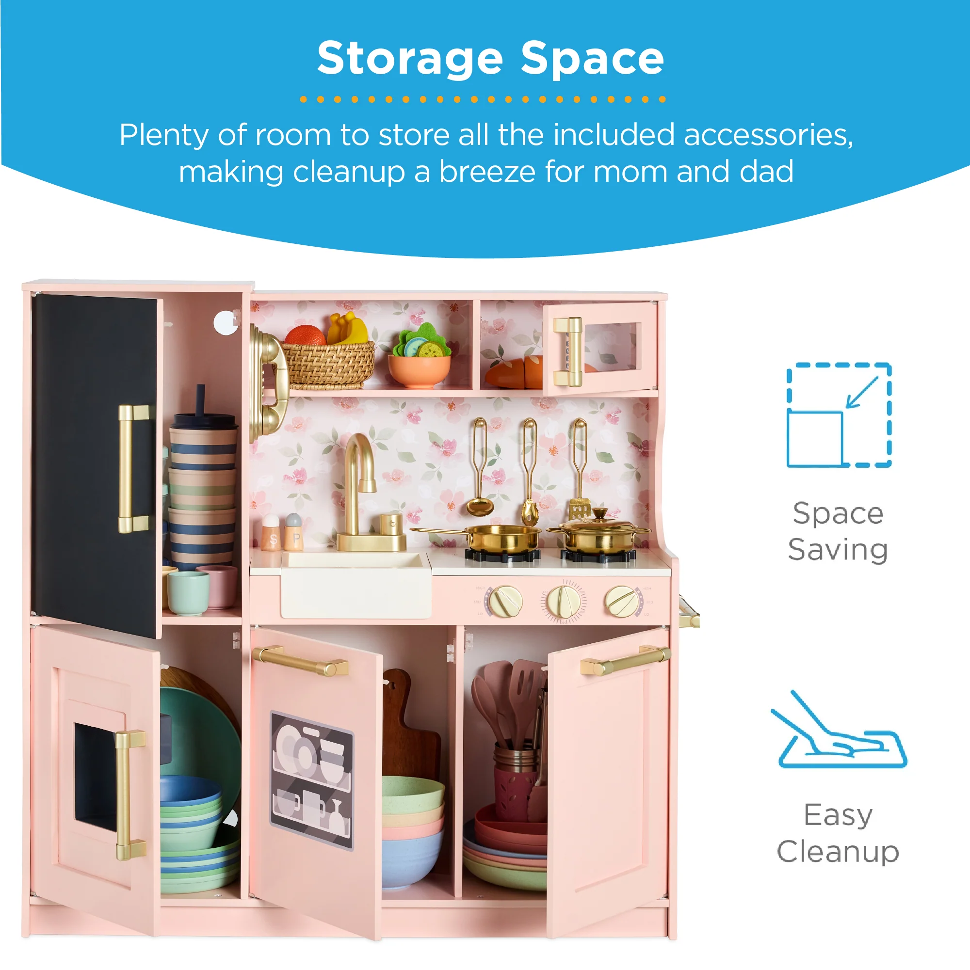 Wooden Play Kitchen for Kids with Accessories, Pretend Cooking Set, Ages 3+ - Image 34