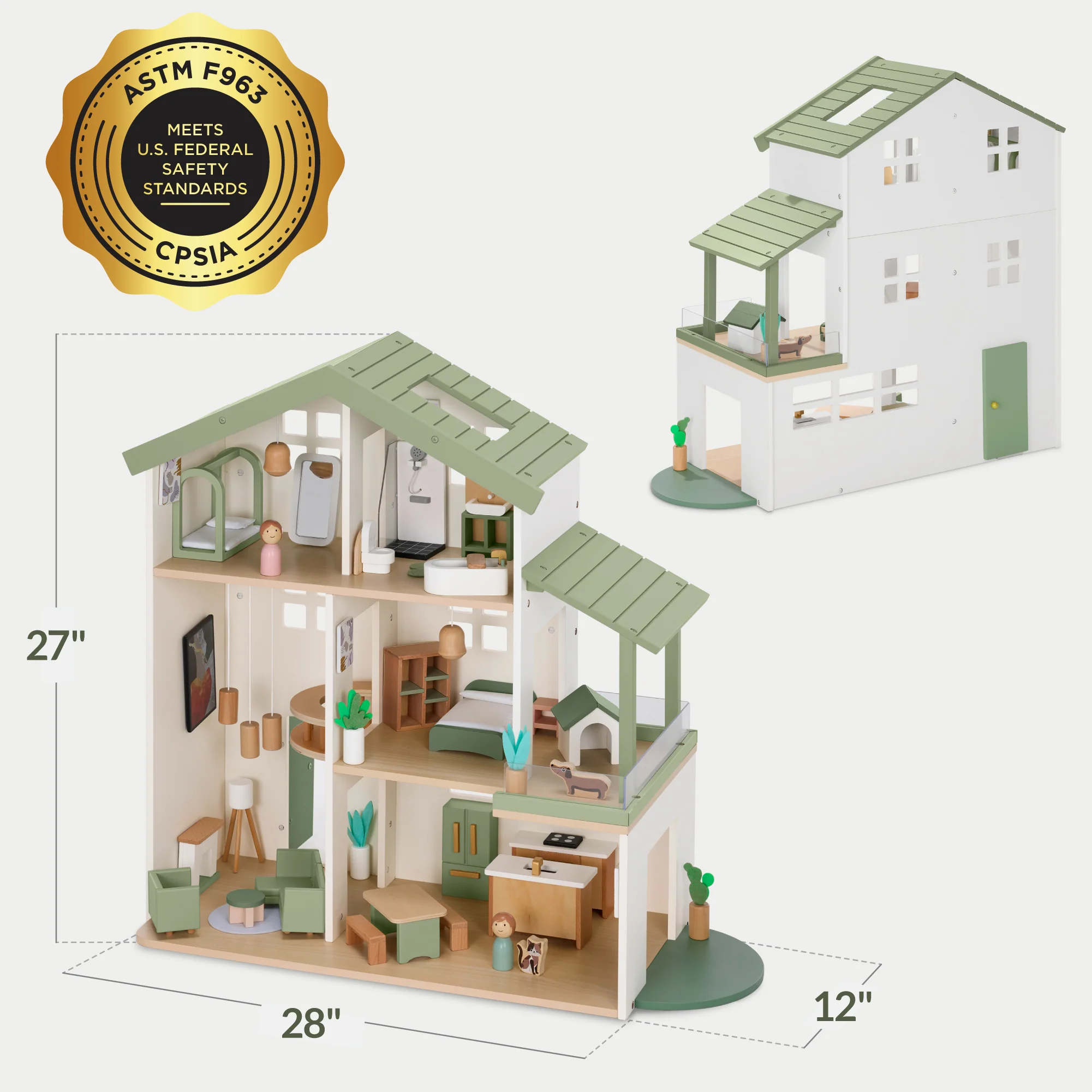 Pretend Play Wooden Doll House w/ 40 Accessories, Modern Toy Playset - Image 10