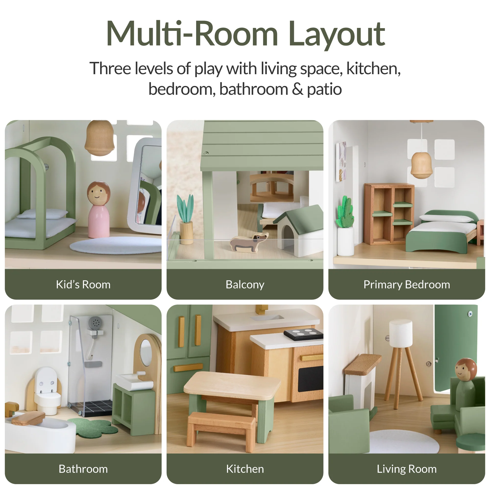 Pretend Play Wooden Doll House w/ 40 Accessories, Modern Toy Playset - Image 14