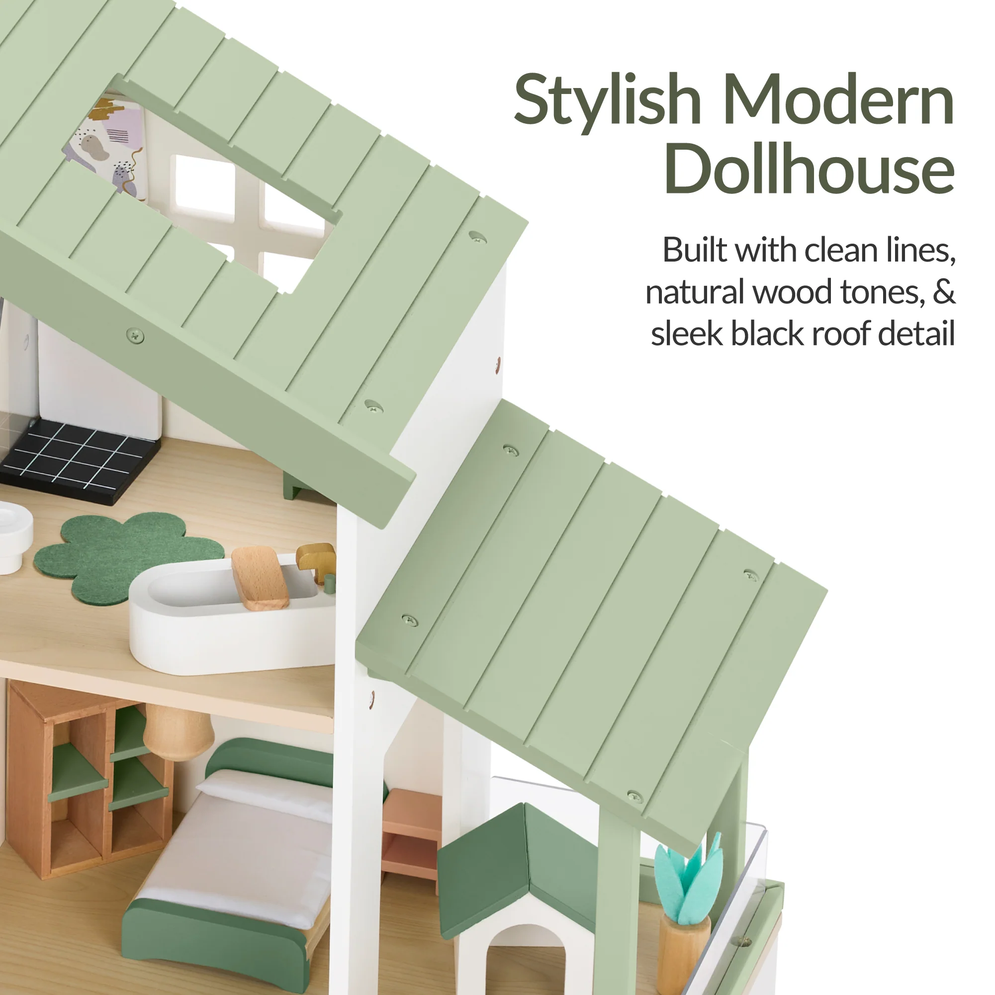 Pretend Play Wooden Doll House w/ 40 Accessories, Modern Toy Playset - Image 15