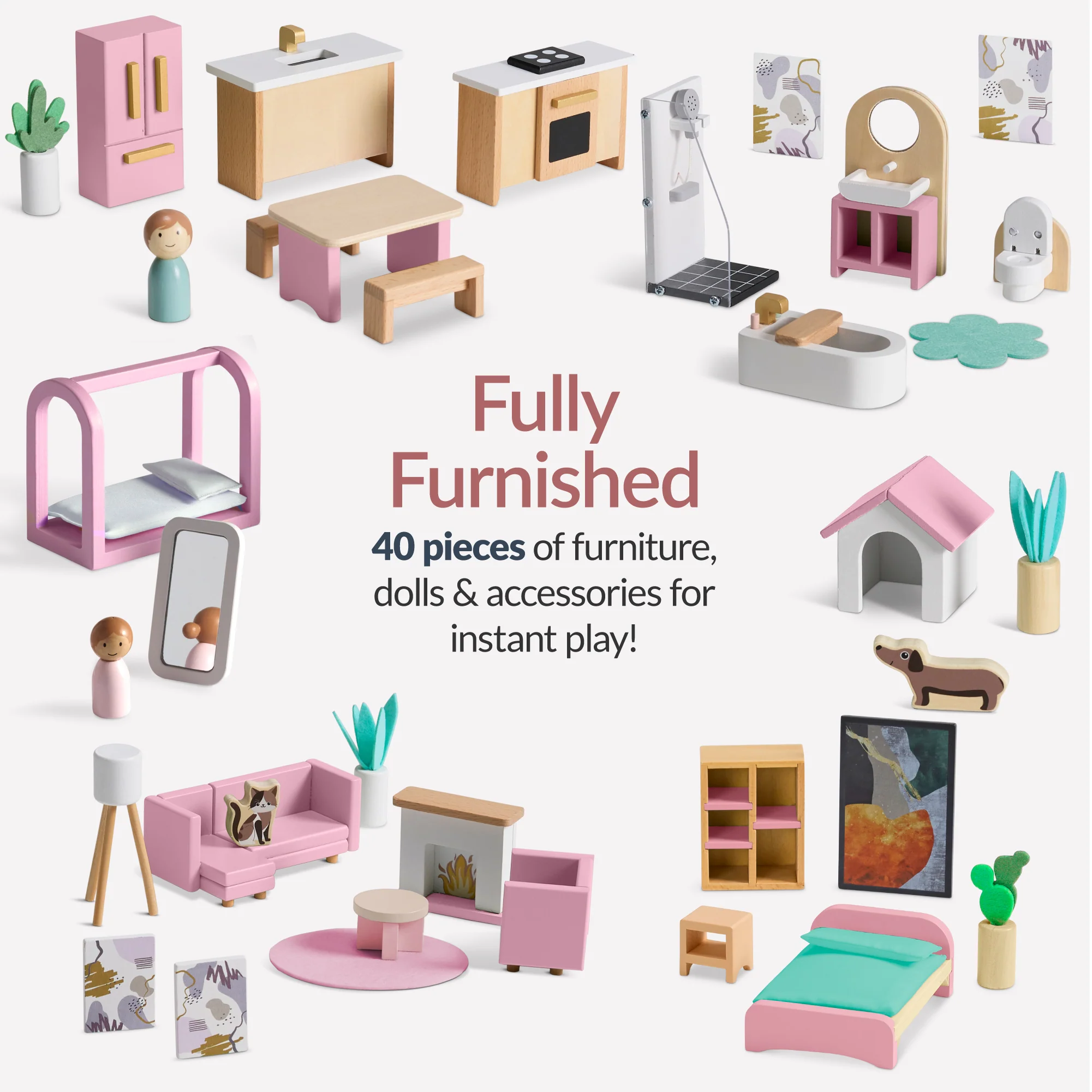 Pretend Play Wooden Doll House w/ 40 Accessories, Modern Toy Playset - Image 19