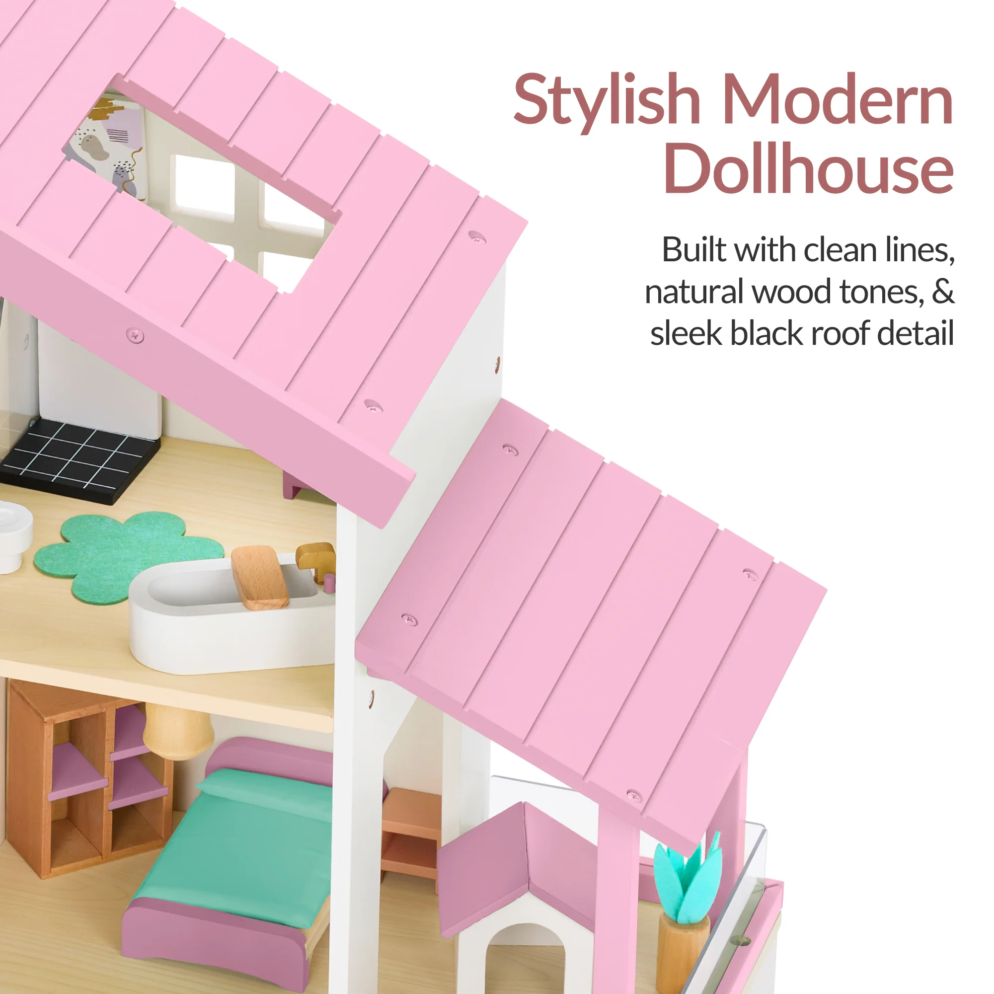 Pretend Play Wooden Doll House w/ 40 Accessories, Modern Toy Playset - Image 23