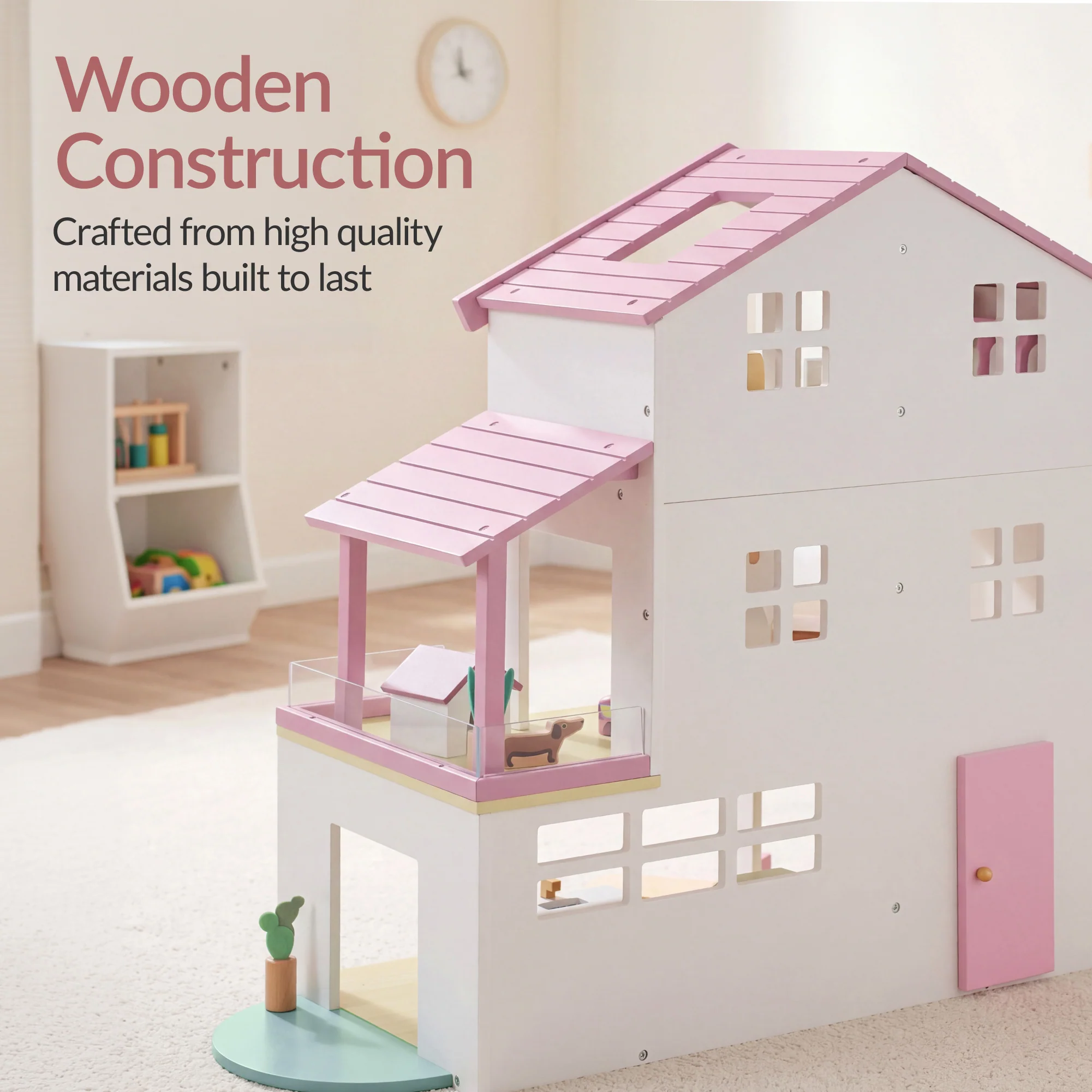 Pretend Play Wooden Doll House w/ 40 Accessories, Modern Toy Playset - Image 24